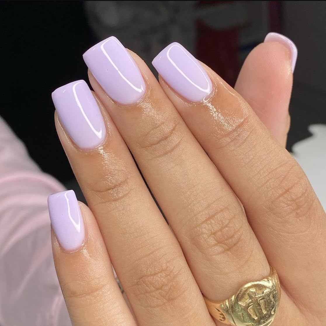 SXVME Lilac Press on Nails Short Square Acrylic Short False Nails Coffin Natural Acrylic Fake Nails Set Elegant Solid Color Full Cover Glossy Gel Stick on Nail for Women Daily Wear 24 Pcs