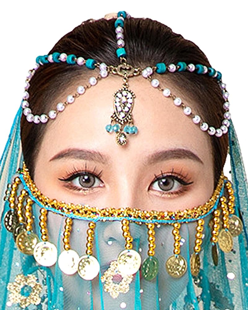 Grouptap Arabic turkish womens adult belly dancer beads coin face veil mask arabian halloween costume (M, Round Blue) - Image 2
