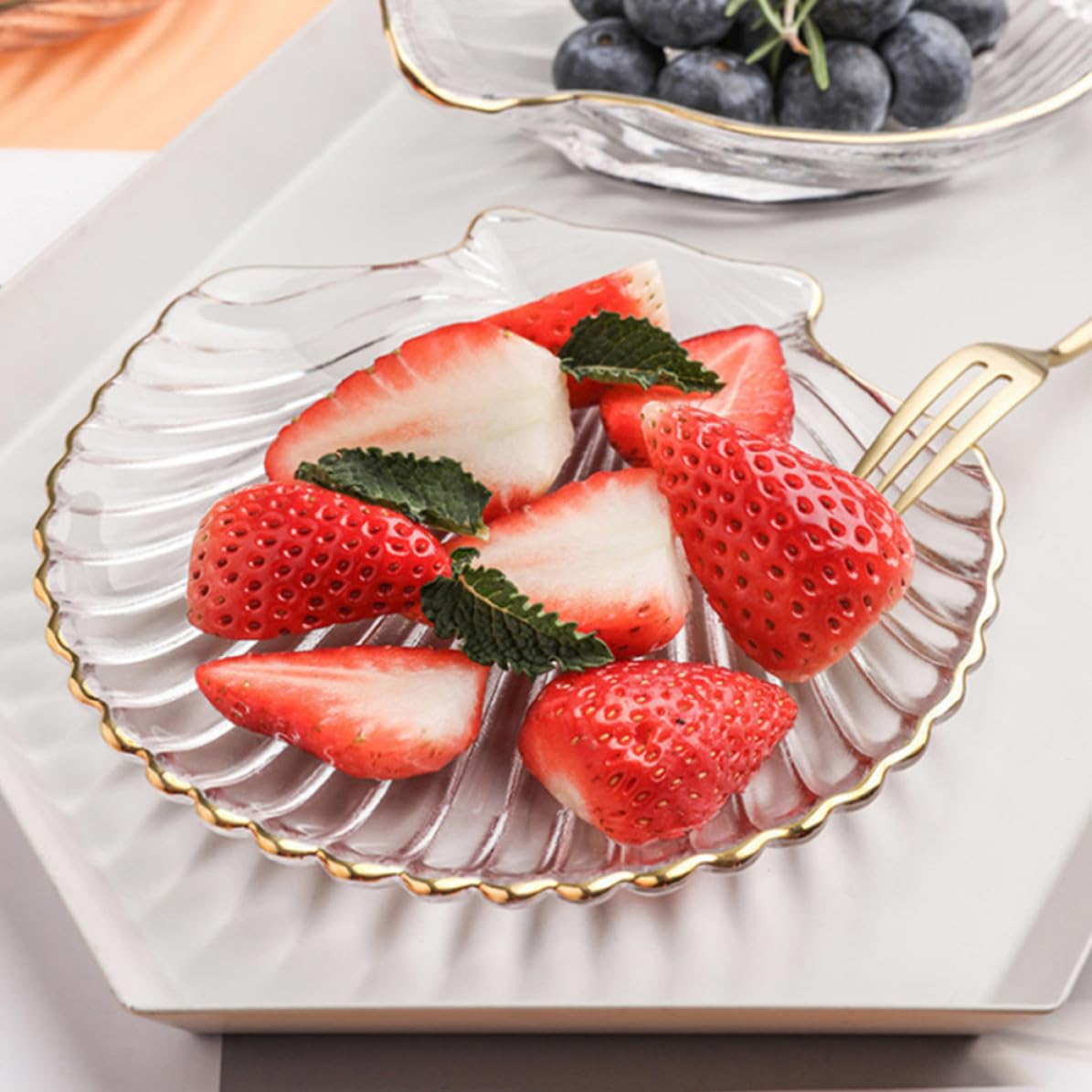 Genérico Bandejas Transparentes Doradas para Joyas y Frutas, Juego de 4 Piezas Diseño Marino, Bandeja Multiusos de Vidrio para Exhibición y Almacenamiento en Hogar, Hotel y Restaurante