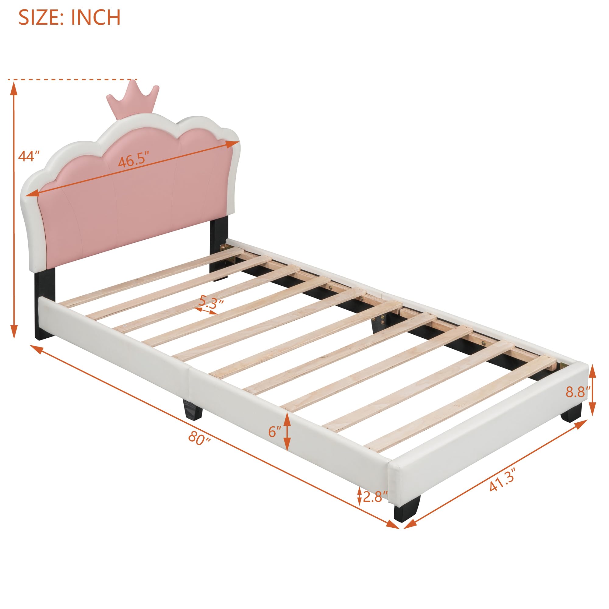 SOFTSEA Twin Size Upholstered Platform Bed with Crown Headboard, Cute Princess Bed Frame Twin for Kids, White+Pink