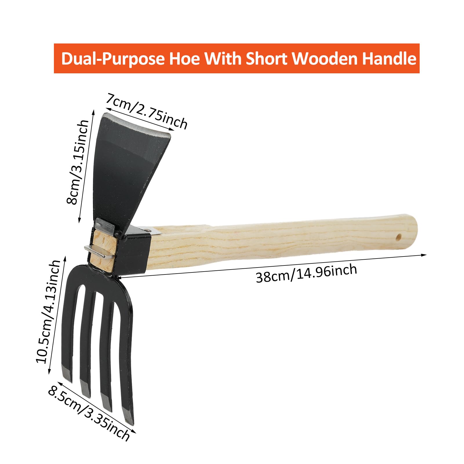 Dual-Purpose Hoe With Short Wooden Handle, Handheld Garden 2 in 1 Rake and Hoe, Great for Loosening or Weeding Soil