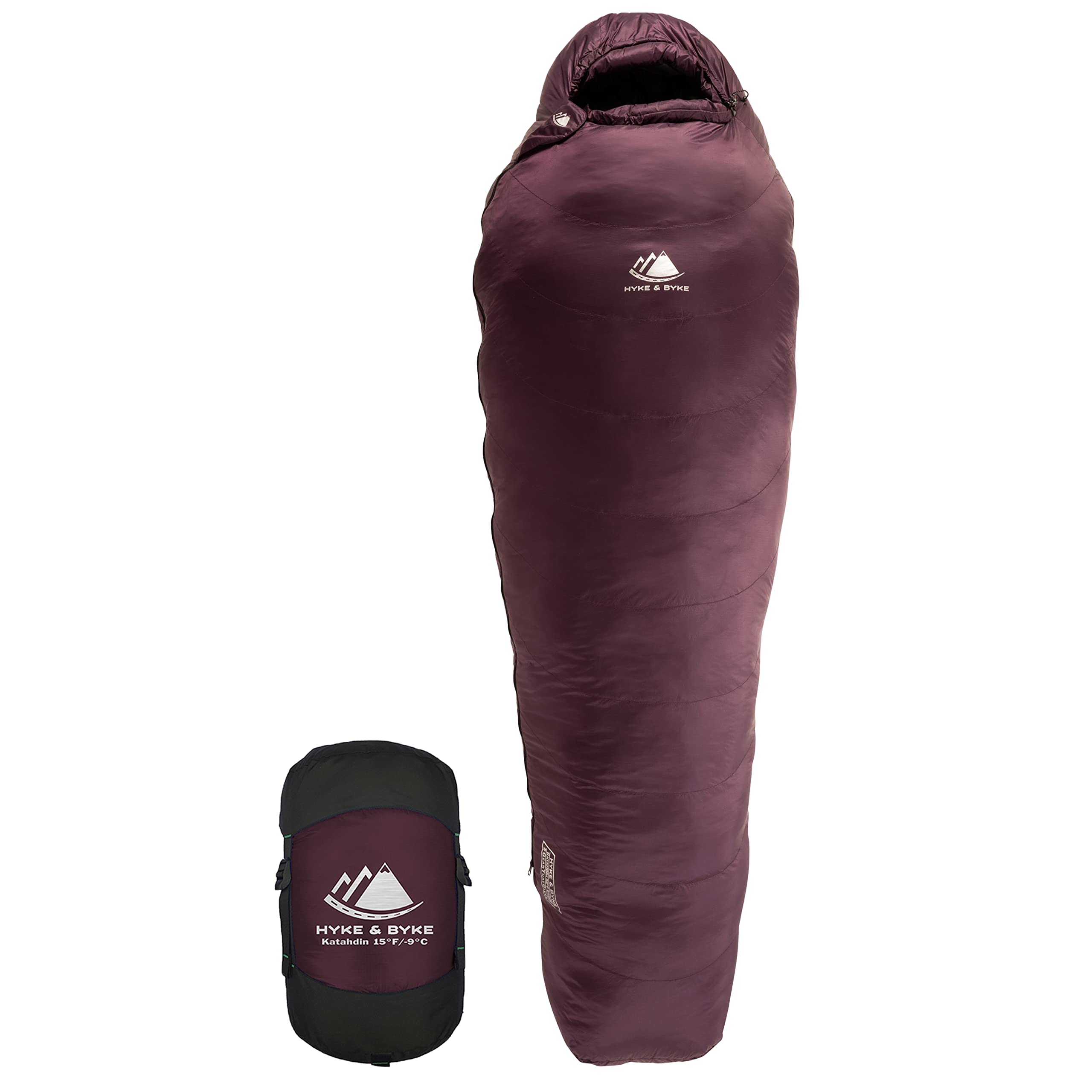 Hyke & BykeKatahdin 15 F Hiking & Backpacking Sleeping Bag - 4 Season, 625FP Ultralight Sleeping Bag - Water Resistant - Aubergine - Regular