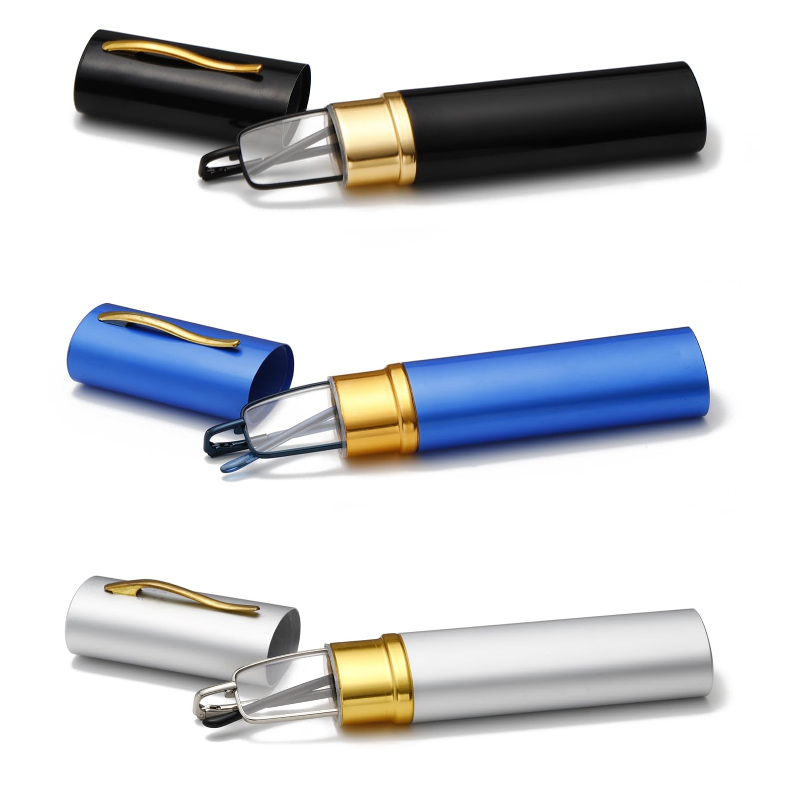 Viseng 3 pairs Slim Mini Metal Reading Glasses Compact Lightweight Portable Readers with Glasses Case for Reading Case +1.5 (Black/Blue/silvery)