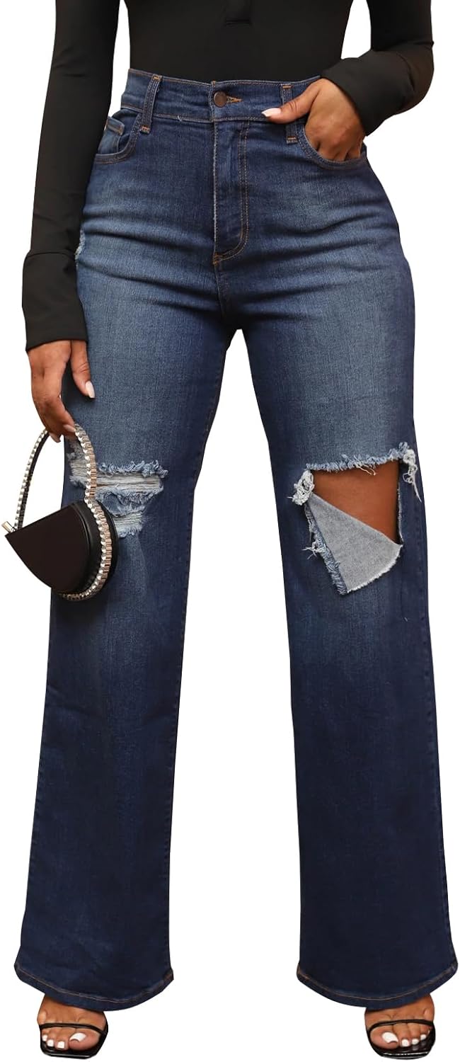 Women’s Wide Leg Straight Jeans High Waisted Baggy Stretch Loose Denim Pants