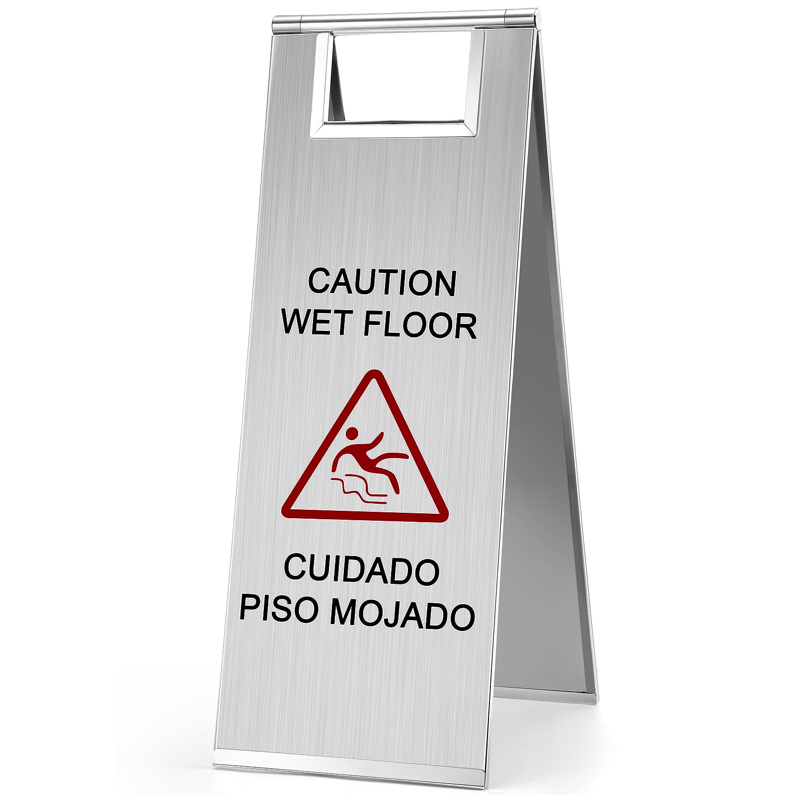 LEIFIDE Stainless Steel Wet Floor Caution Sign Bulk 8.8 Pound Portable Foldable Handle Bilingual Safety Sign for Kitchen Restaurant Supermarket Shop
