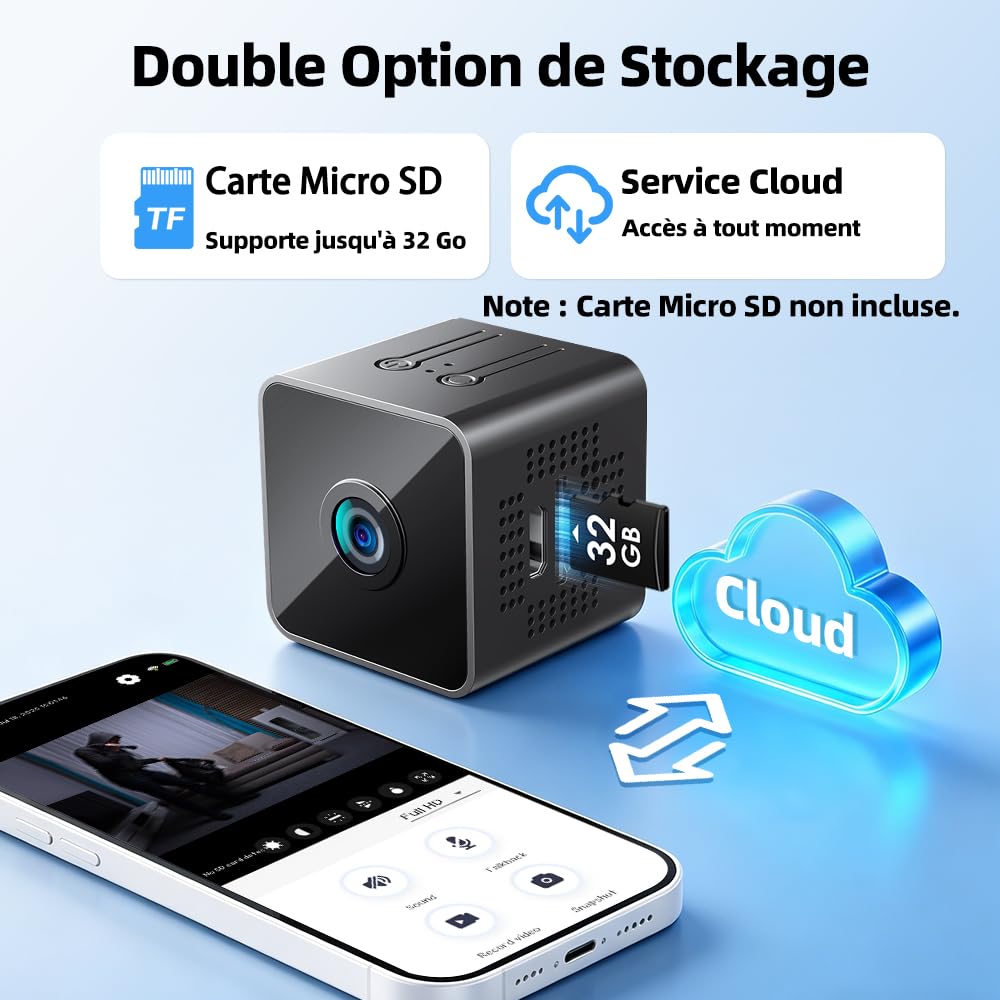 Mini Caméra Espion WiFi 1080P Full HD, Caméra de Surveillance Intérieure Discrète avec Détection de Mouvement et Vision Nocturne, Petite Caméra Connectée pour Bébé, Maison, Bureau et Auto, Noir