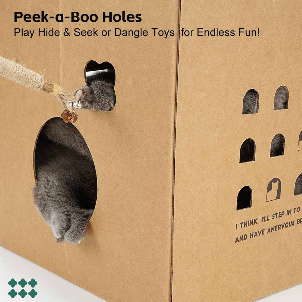 Large Cardboard Cat House for Multi-Cat Household (43x30x30cm), 2-in-1 Cat Scratcher Box with 2 Scratching Pads - Image 4