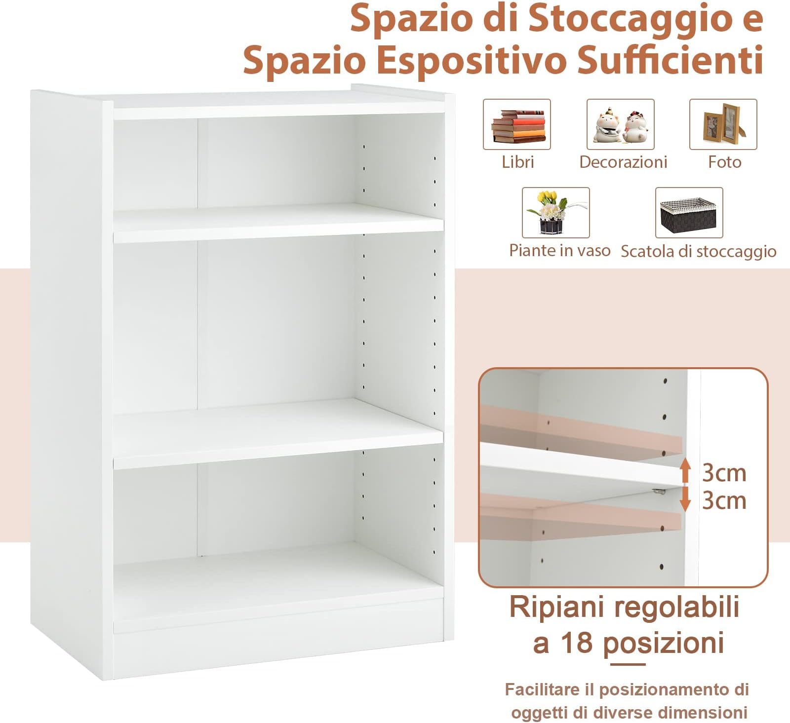 GYMAX Libreria a 4 Piani, Scaffale a 3 Cubi d’Angolo, Ripiani Regolabili a 18 Livelli, Anti-ribaltamento, per Soggiorno, Camera da Letto e Ufficio, Studio, 50 x 30 x 75 cm (BIANCO)