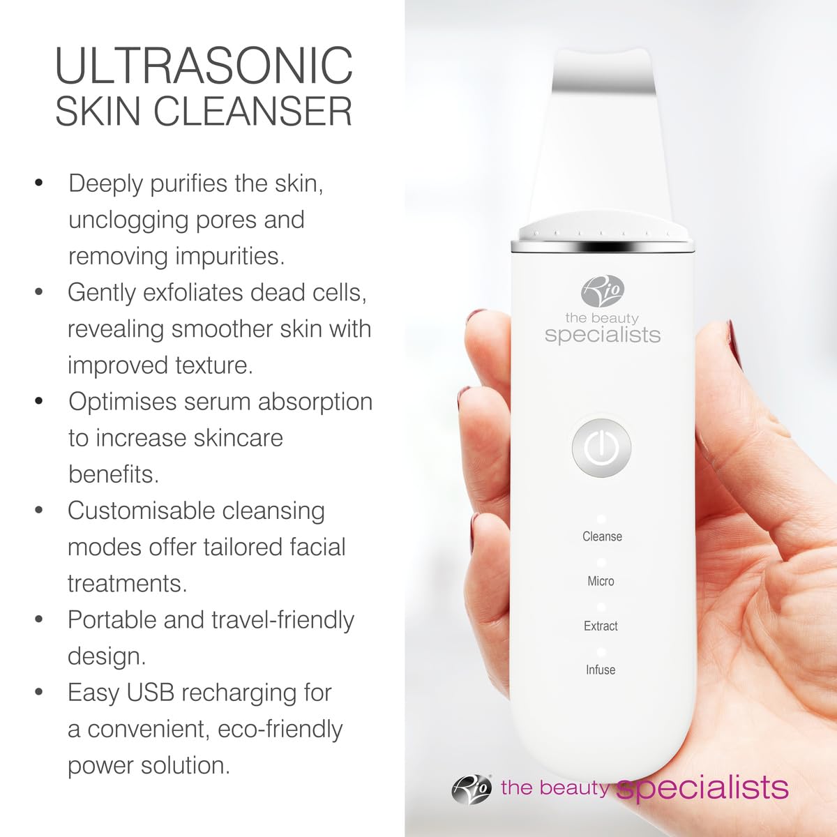 Rio The Beauty Specialist Pulizia del viso elettrica, Pulizia pori in profondità, Frequenze ad alta intensità esfoliano delicatamente, aspiratore sebo, USB FASC2
