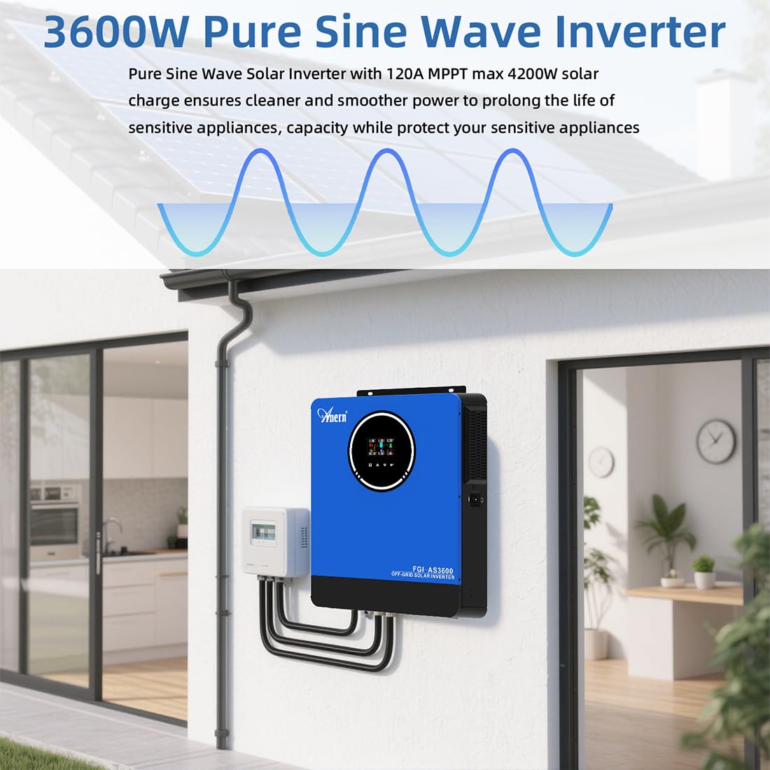 Anern 3600W Inversor Híbrido 24V CC a 110V CA Inversor Autónomo,Controlador Solar MPPT 120 A Integrado, Dos Salidas de CA, Compatible con Baterías de Plomo-ácido y Batería LiFePO4