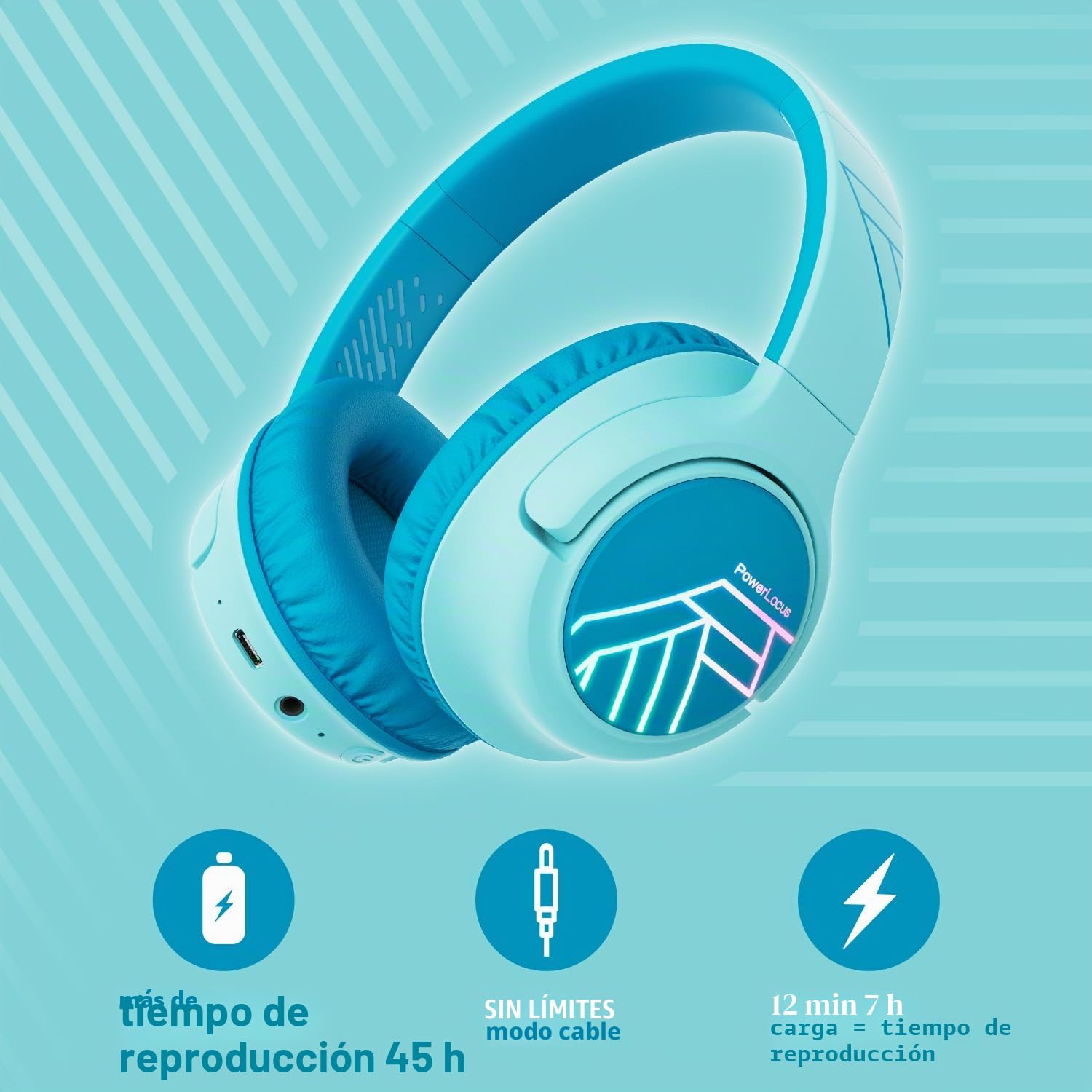 PowerLocus Auriculares de Diadema para Niños, Cascos Bluetooth Inalámbricos, Límite de Volumen de 74/85/94dB, Luces LED de Colores, Micrófono, Plegable, Conecta 2 Auriculares al Dispositivo