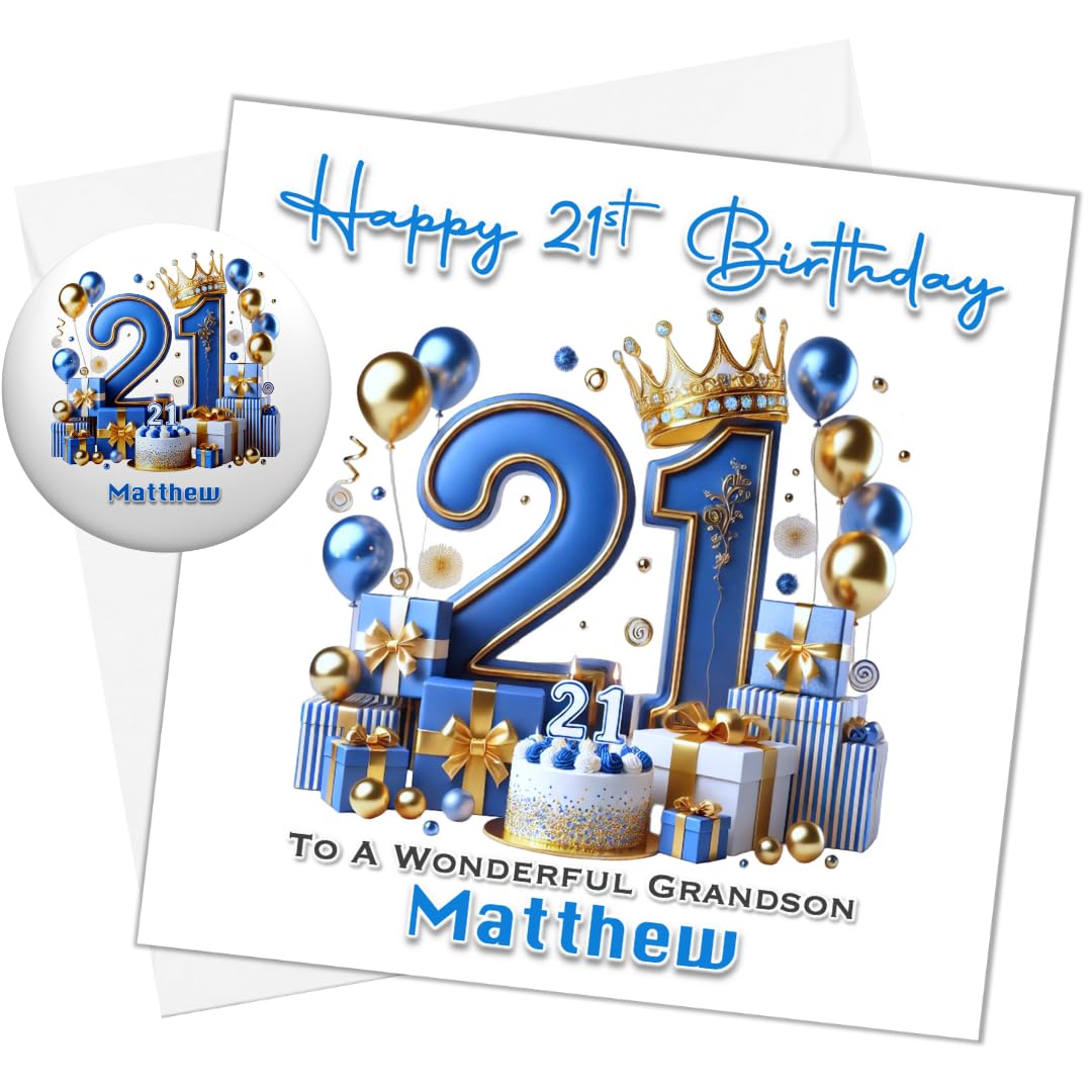 Personalised 21st Boys Birthday Card with matching Badge for Friend Son Brother Nephew Grandson Godson Twenty First Twenty-one Today (Card & Button Badge) — image 1