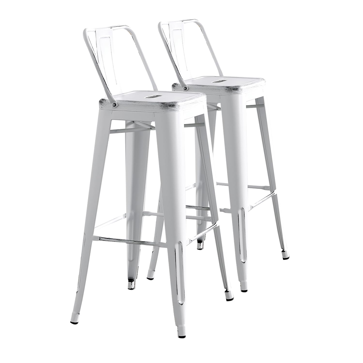 AC Pacific 30” Metal Barstool Set of 2 – Country Rustic Style with Low Back, Lightweight & Sturdy Build, Easy Assembly – Distressed White