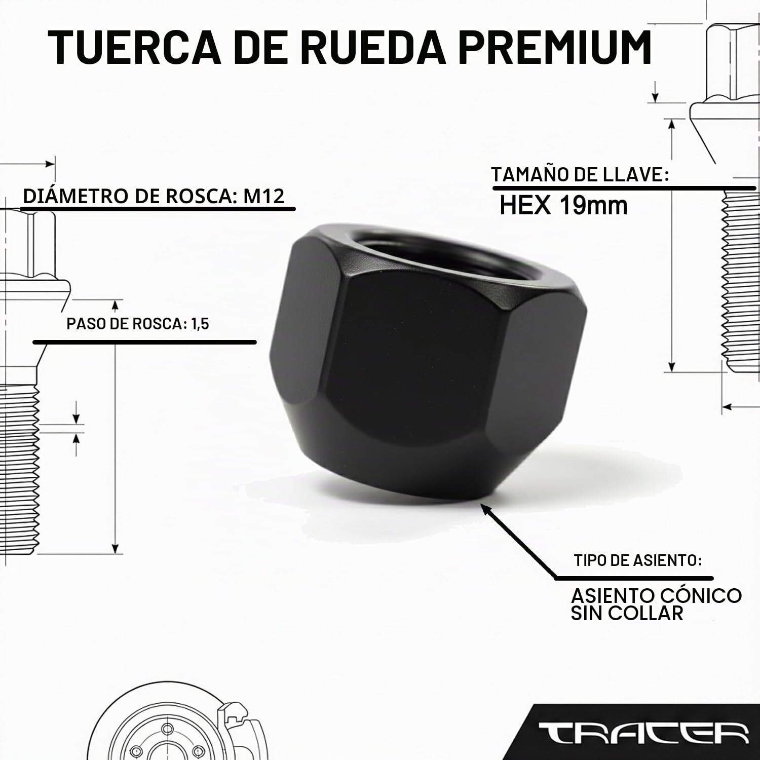 20x tuercas de rueda para llantas de acero M12x1.5 HEX19 negras compatibles con Ford, Mazda, Toyota