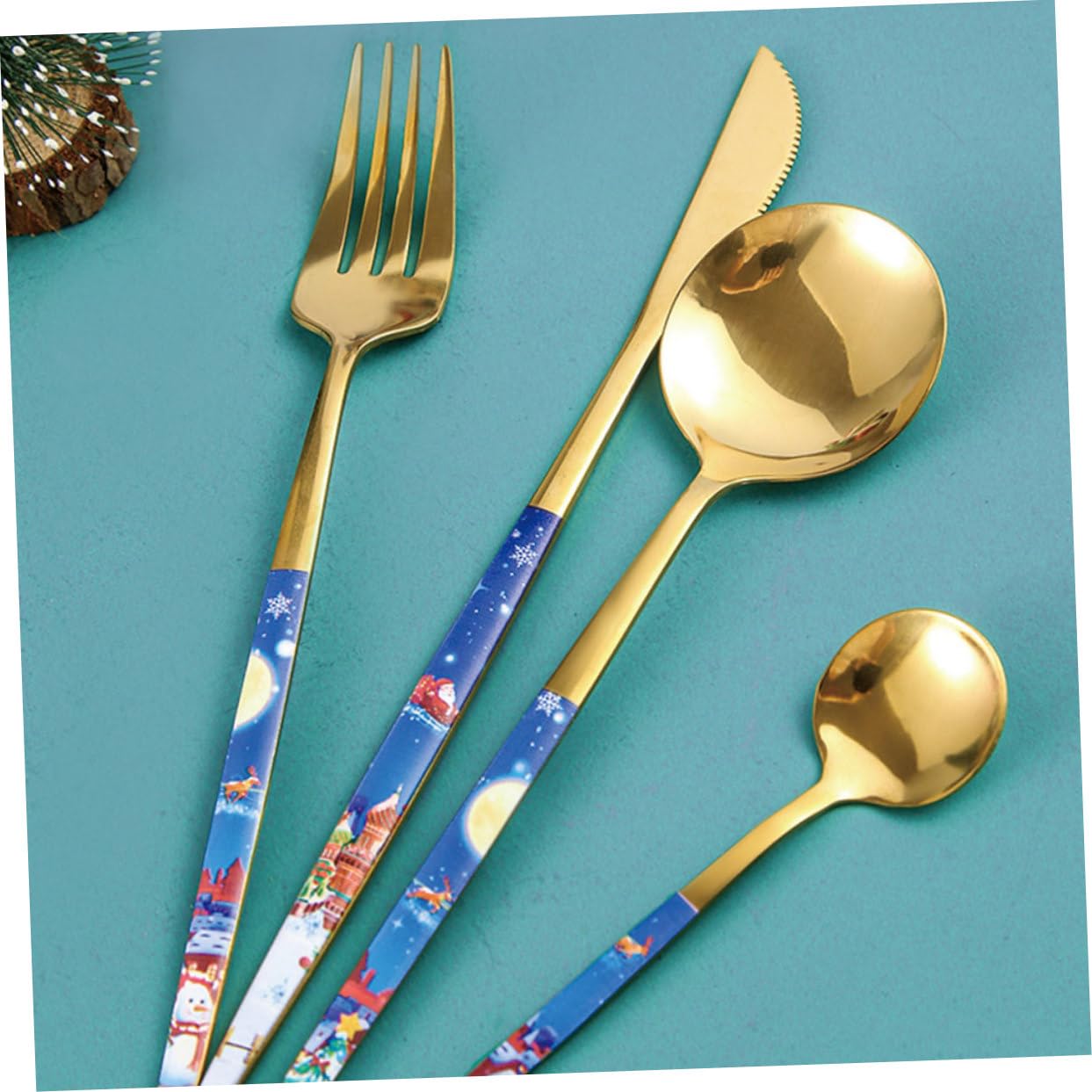 SHOWERORO 4juegos Cubiertos De Inoxidable para Navidad Cuchara Tenedor y Cuchillo Utensilios De Mesa Diseño Temático para Comidas Festivas y Banquetes De Navidad