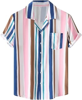 Hawaiian Shirts for Men Casual Summer for Men Button Down Bowling Shirts 50s Rockabilly Style Short Sleeve Regular Fit Hawaiian Shirts Men's Striped Short Sleeve Regular Fit Poplin Button Down
