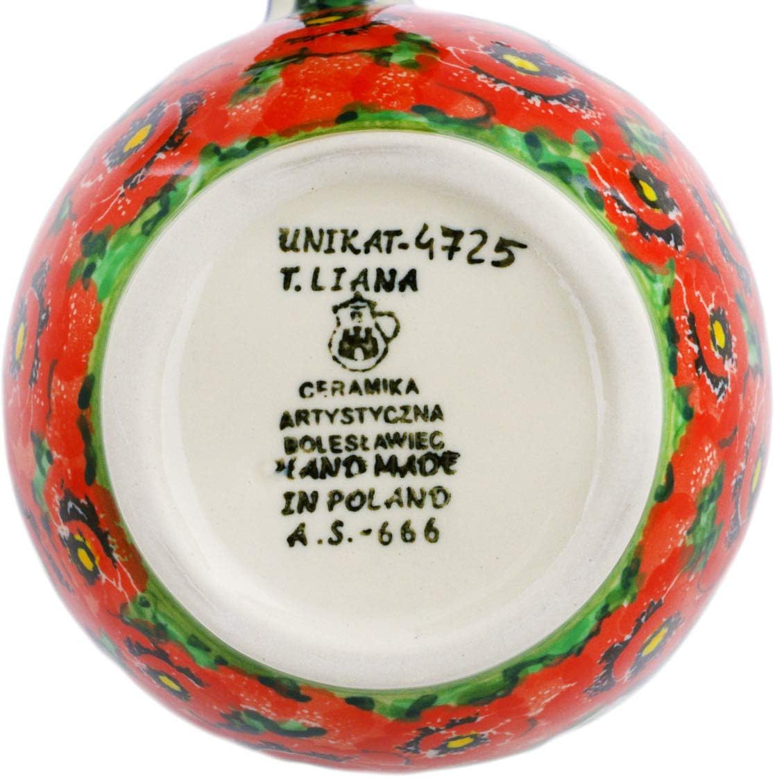 Polmedia Polish Pottery Bowl with Loop-Handle 6-inch UNIKAT - Sweet Red Petals Pattern Handmade in Boleslawiec Poland by Ceramika Artystyczna + Certificate of Authenticity