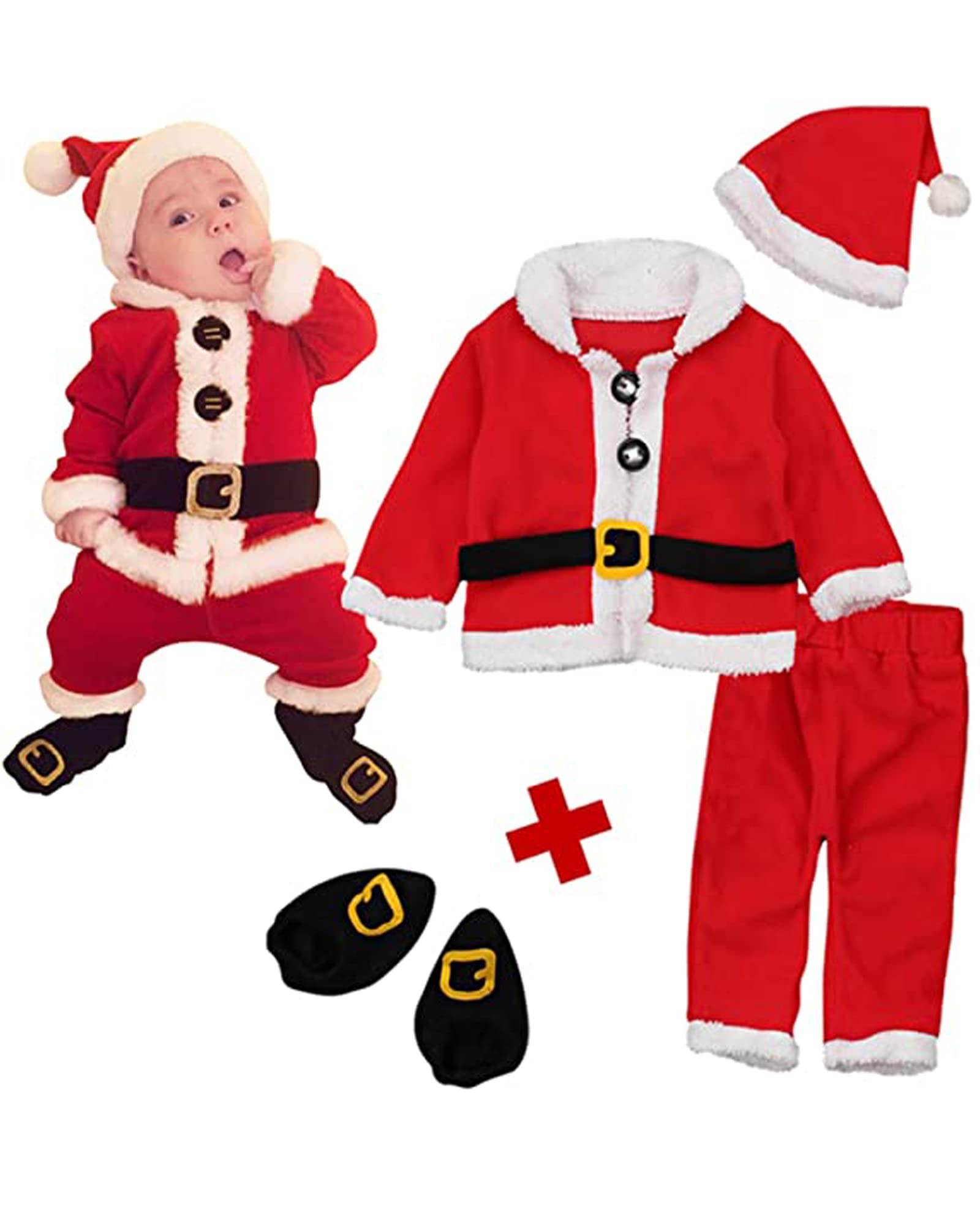 SANSIWU Baby Girls Boys Christmas Costumes Santa Claus Jacket Coat Long Pants Hat Socks Cosplay 4Pcs Clothes Set