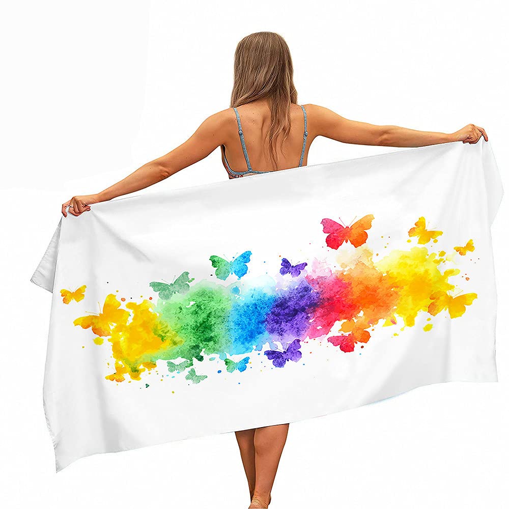 FANSU Microfibre Beach Towel Extra Large, 3D Butterfly Printed Easy Care Lightweight Quick Dry Soft Super Absorbent Sports Travel Summer Swim Yoga Bath Towels (Rainbow doodle,70x150cm)