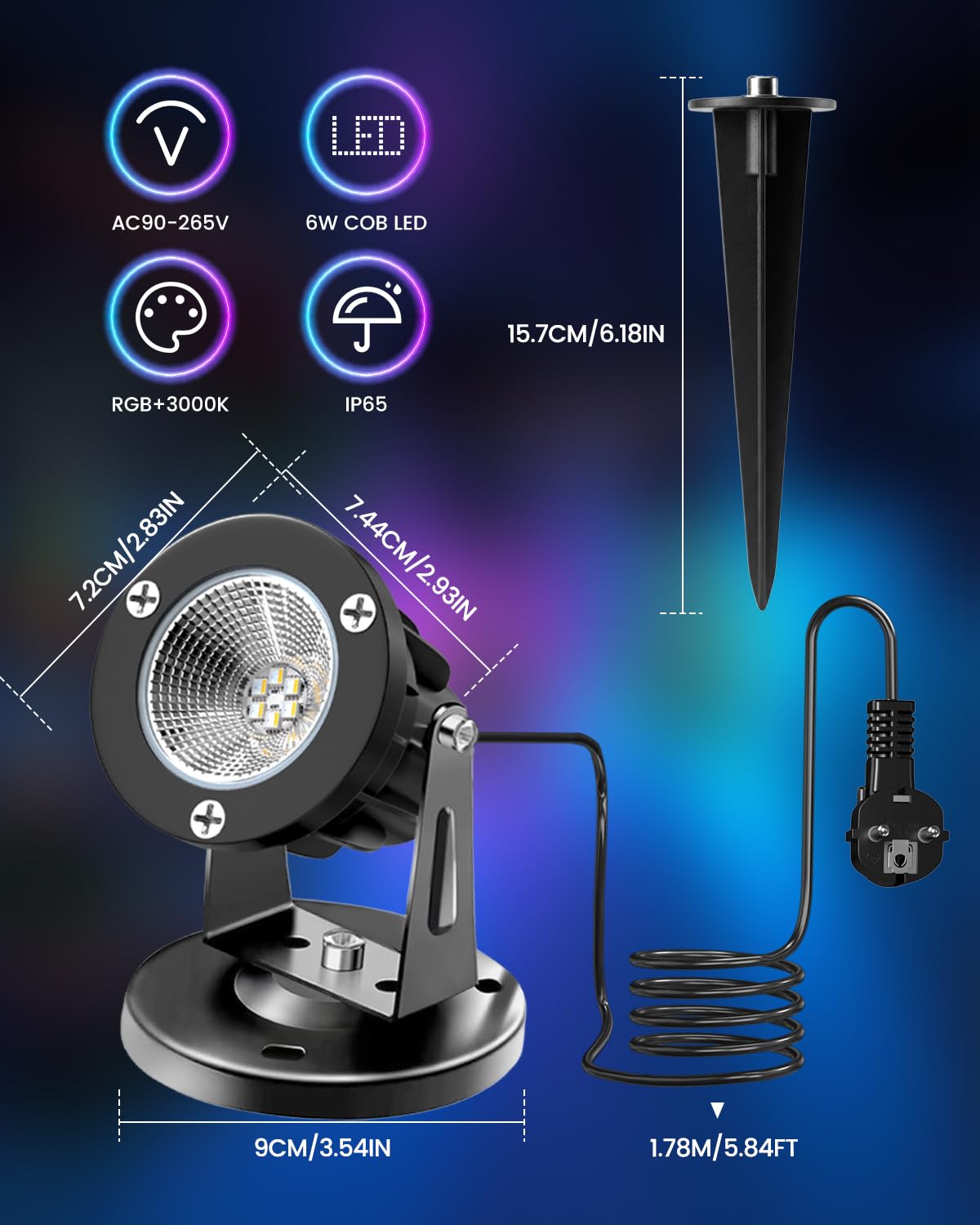 RGB LED Spot avec Télécommande, IP65 Spot LED Extérieur et Intérieur, Lampe Projecteur à Couleurs Changeantes pour Plantes avec Base et Piquet, 1,78m Câble avec Fiche, 6W