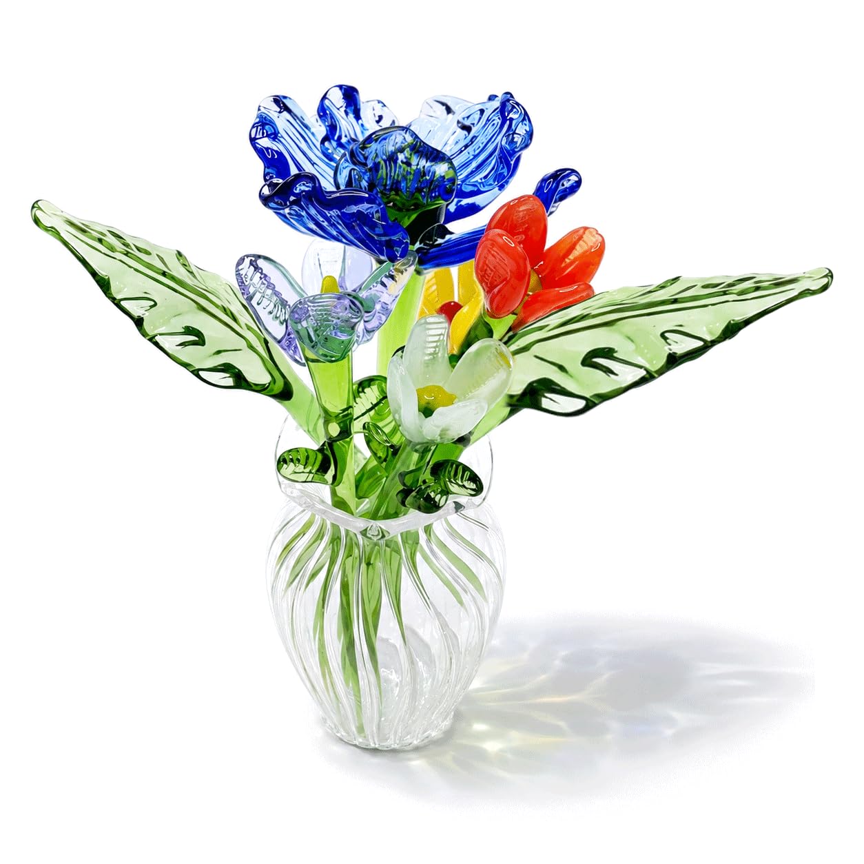8Pcs Mini Glass Flowers in Vase, Hand Blown Colorful Glass Artificial Flower Bouquet Set, Cute Small Wildflower Miniature Decor for Spring Table Ornament, Gift for Women Girl (Mixed Colors Styles)