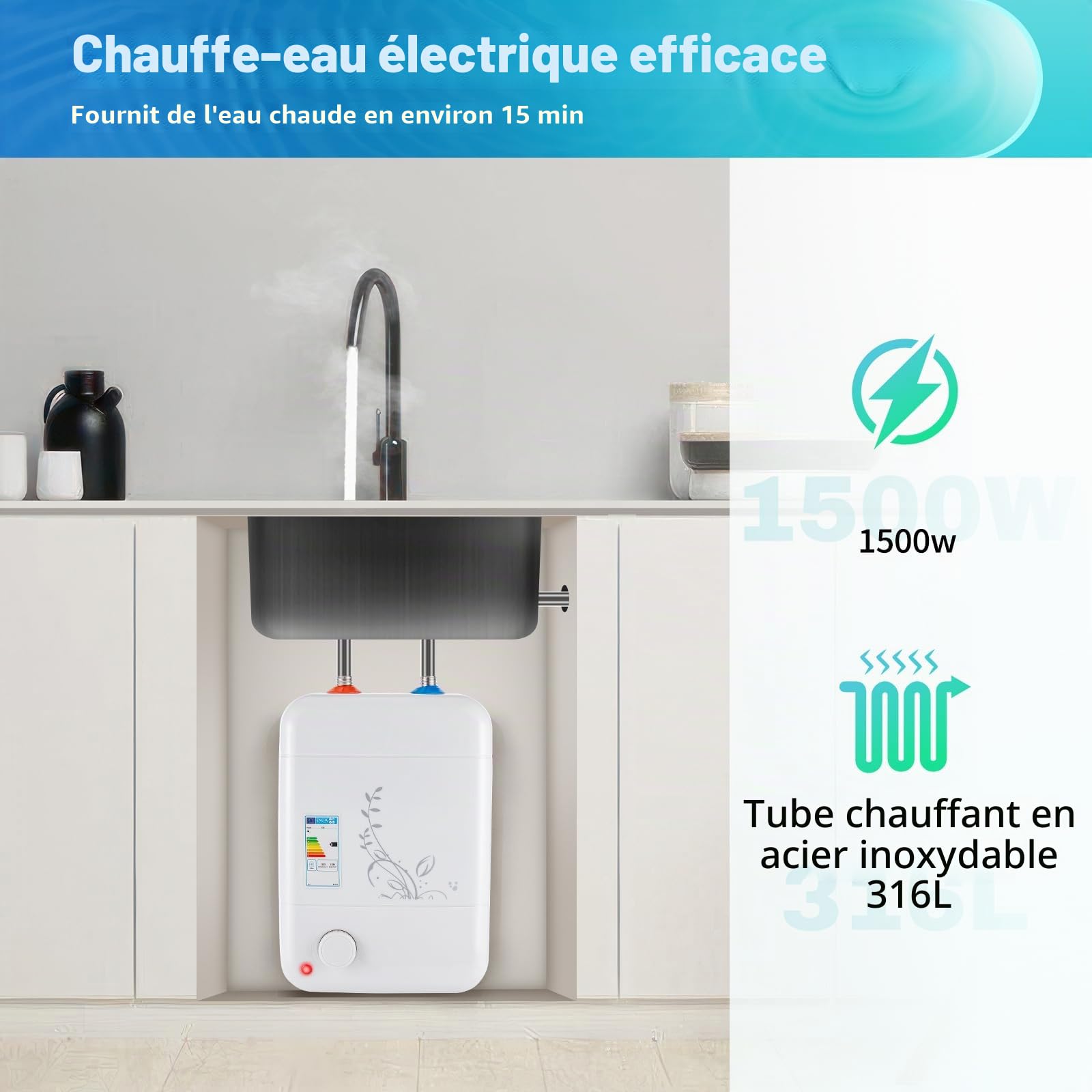 Chauffe-eau électrique résistant à la pression, 1500W, chauffe-eau sans réservoir mini pour cuisine, WC des invités, basse pression [Classe énergétique B]