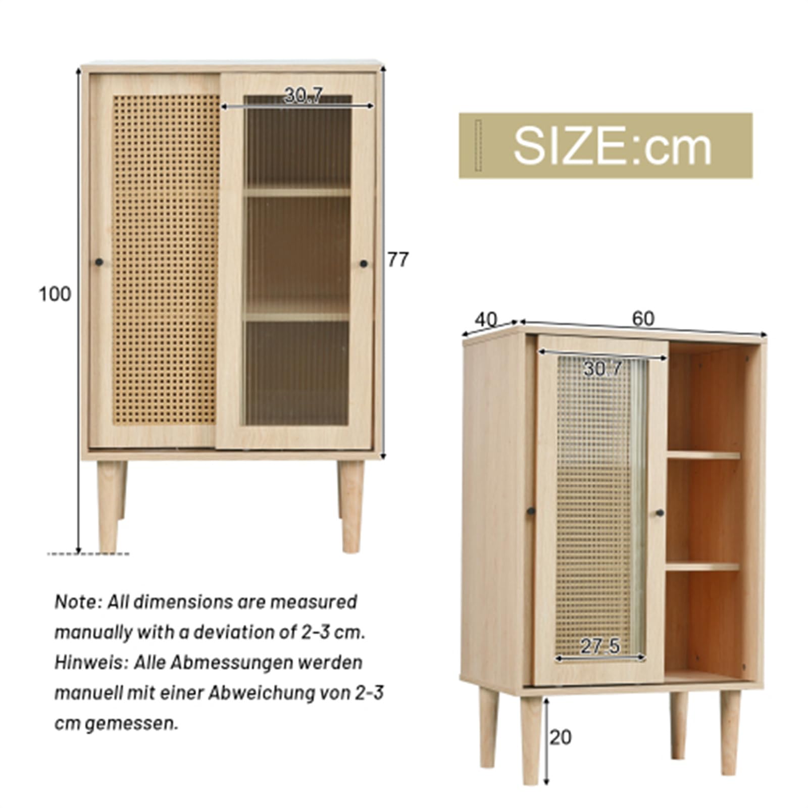 Credenza in Legno Alta 100 Cm con Anta in Rattan di Plastica E Anta Scorrevole in Vetro, Mobile da Ingresso con Spazio Multifunzionale per Riporre Oggetti