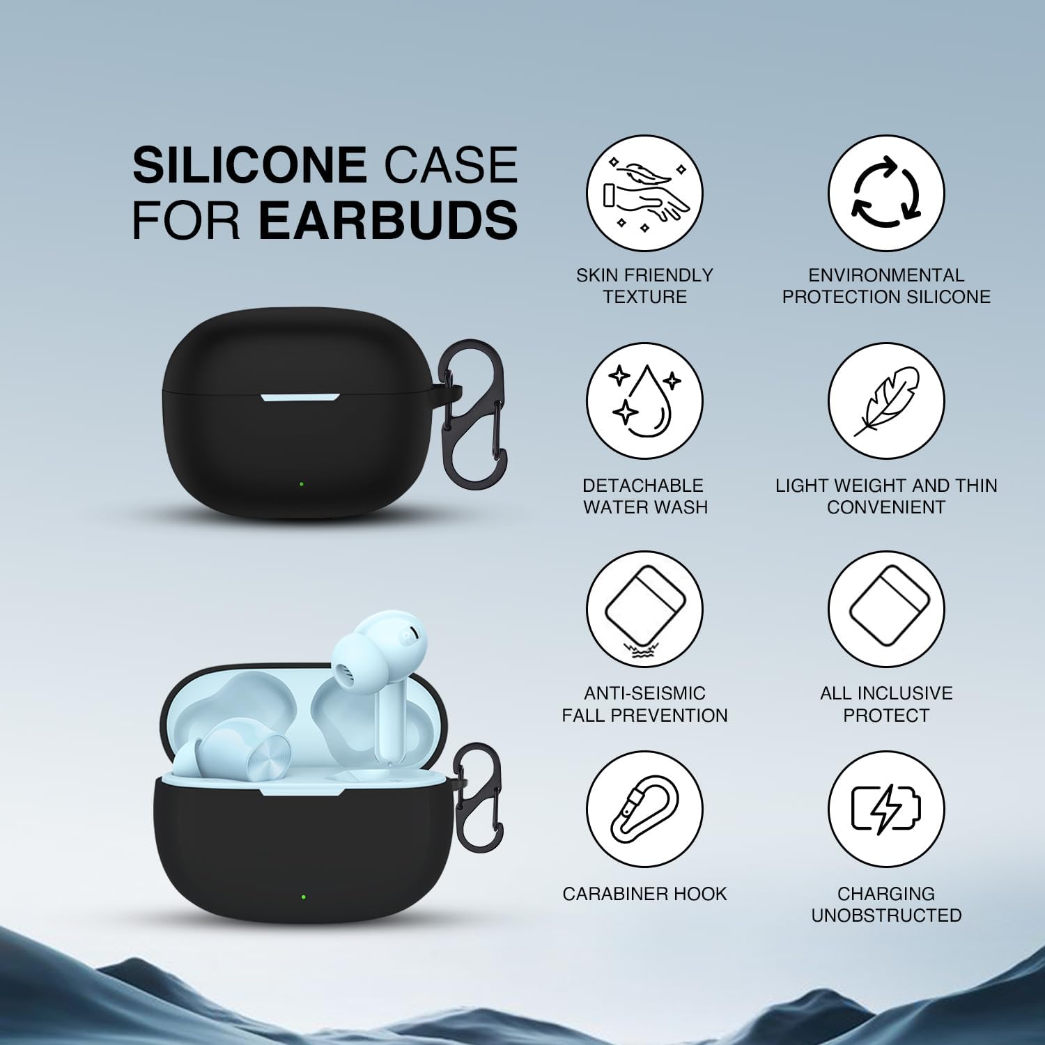 Prolet Earbuds Case Compatible with Realme Buds T200x/T200 Lite, Silicone Shockproof Dustproof Cover, 360 Degree Protection, Anti-Scratch Soft TPU Skin, Carabiner Hook (Black) — Amazon image 3