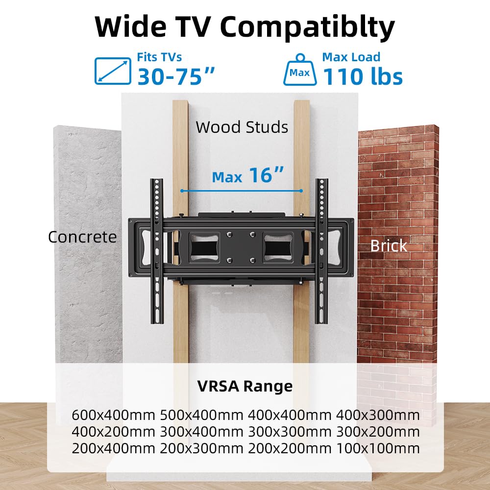 SCHIK Supporto da parete per TV da 32 a 75 pollici, staffa di montaggio per TV a movimento completo, articolata, orientabile, inclinabile, livellamento massimo VESA 600 x 400 mm