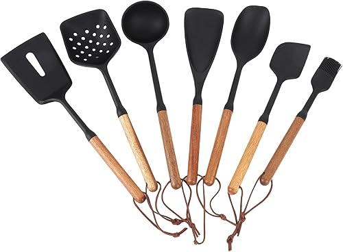 Juego de utensilios de cocina de 7 piezas, material de silicona con tolerancia al calor, construcción de mango de madera, adecuado para superficies