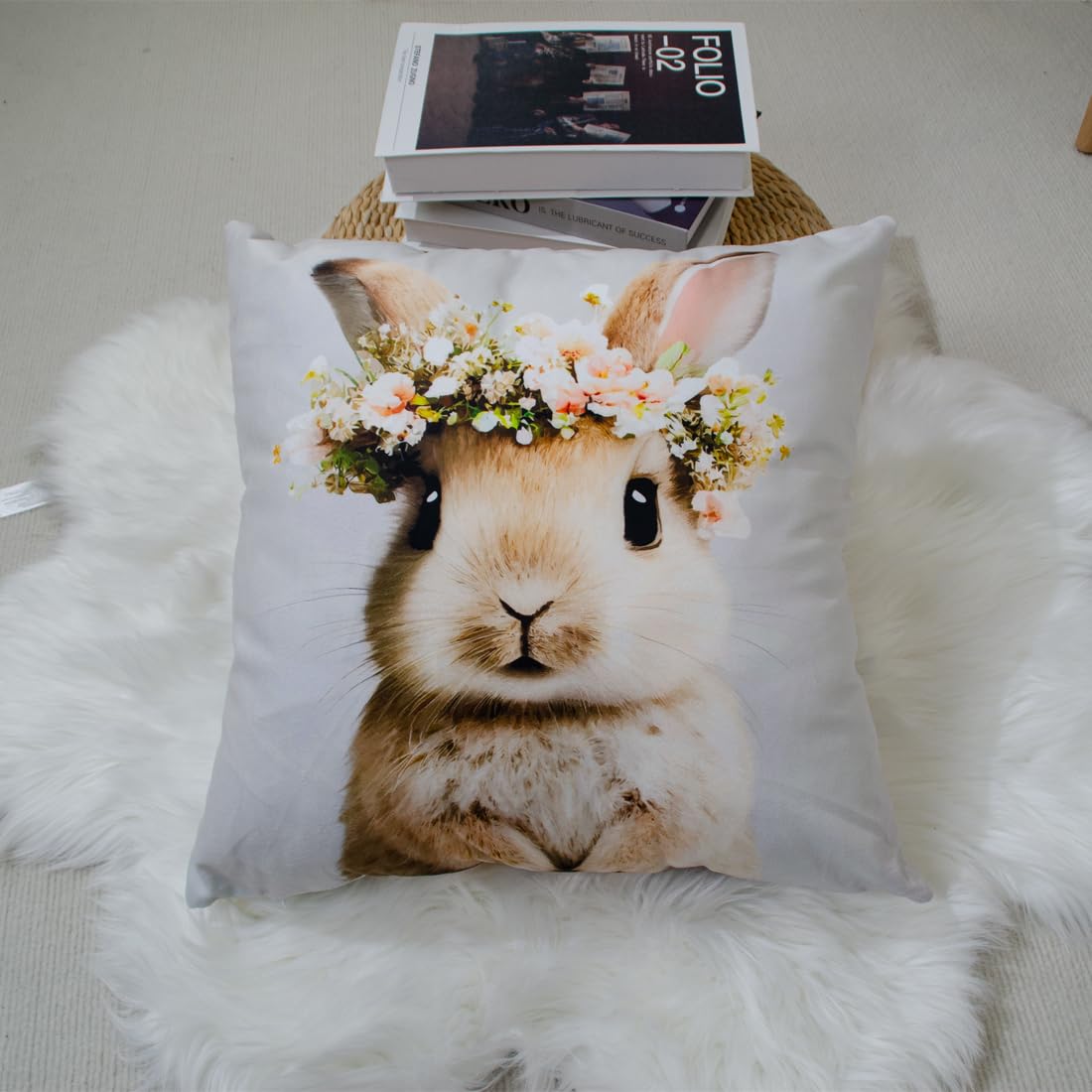 DILOXNSU Funny Bunny Cushion Cover Cute Animal Rabbit in Floral Bouquet Pillow Cover 45 x 45 cm Home Decorations Cushions for Livingroom Couch Sofa Decor Throw Pillow Case 18"x18" - Image 3