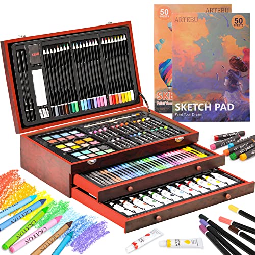 Art Supplies, Deluxe 174 Pieces Art Set Painting Supplies in Portable Wooden Case, Crayon, Oil Pastels, Colored Pencils…