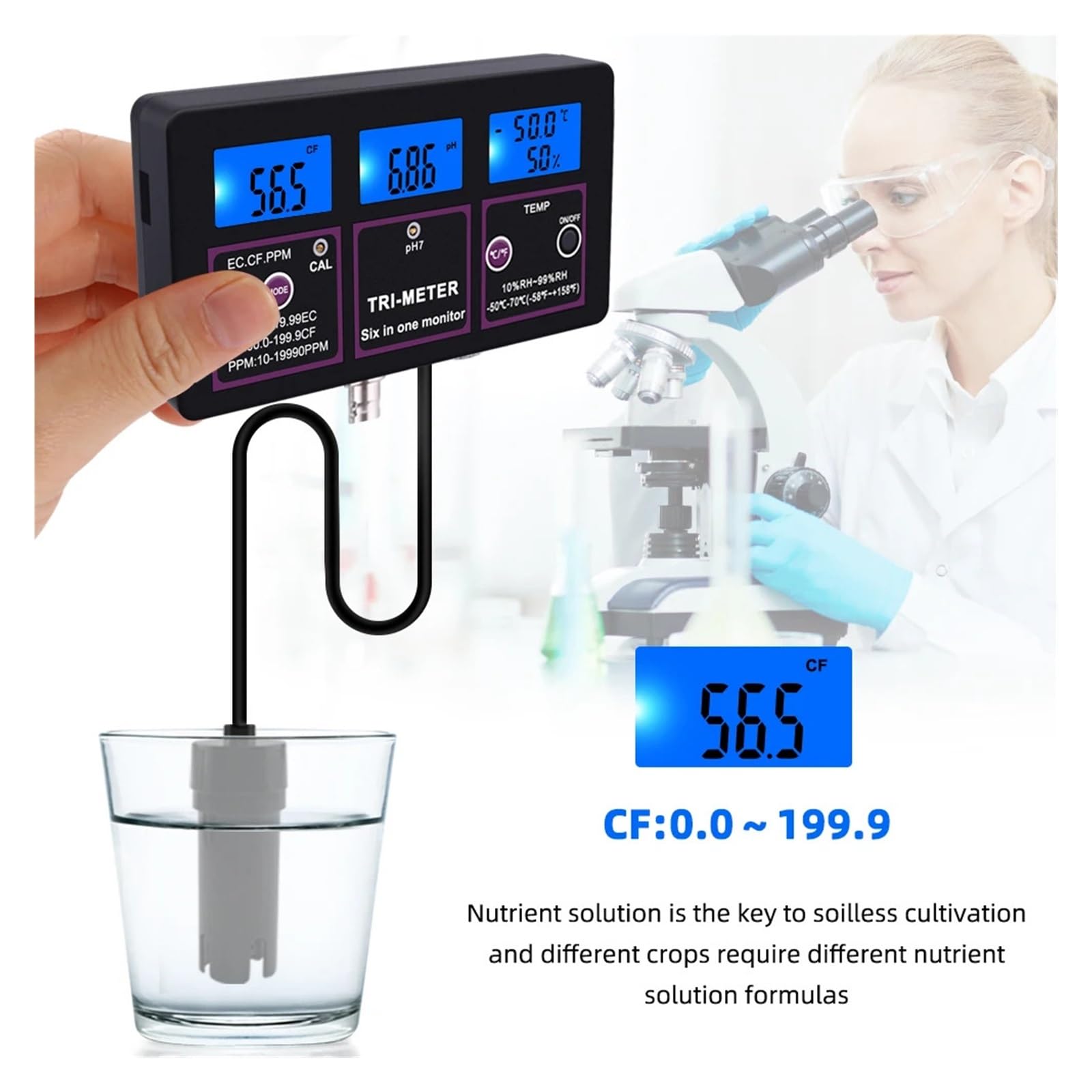 Medidor Agua Monitor De Calidad del Agua 6 En 1, Medidor Análisis PH For Acuario, TDS EC CF RH, Detector Conductividad Multiusos Preciso Fácil
