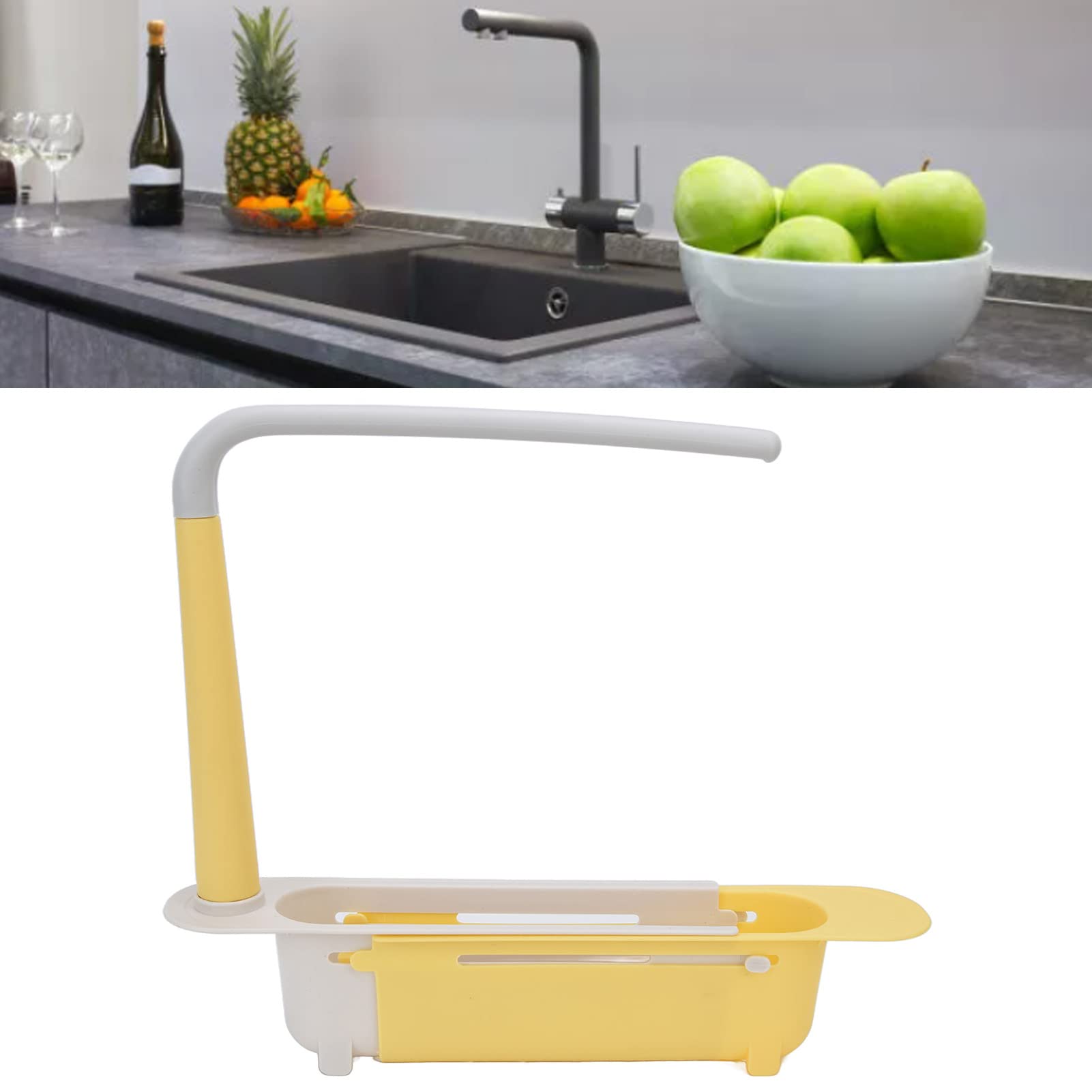 Fdit Telescopic Sink Rack, Humanized Design Telescopic Sink Storage Rack Pulling for Home for Kitchen (Yellow)