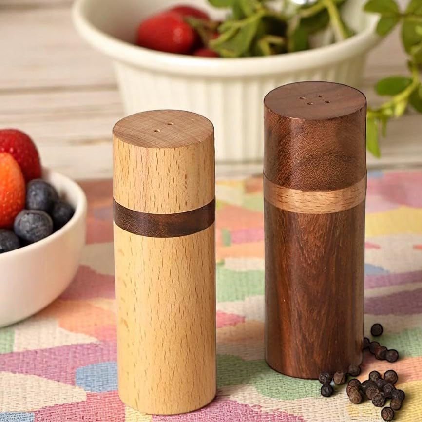 Image of Exclusive Wooden Elegant Salt & Pepper Shaker in Brown - Salt and Pepper Mixer Table Top Dinning Table Accessories (Set of 2)