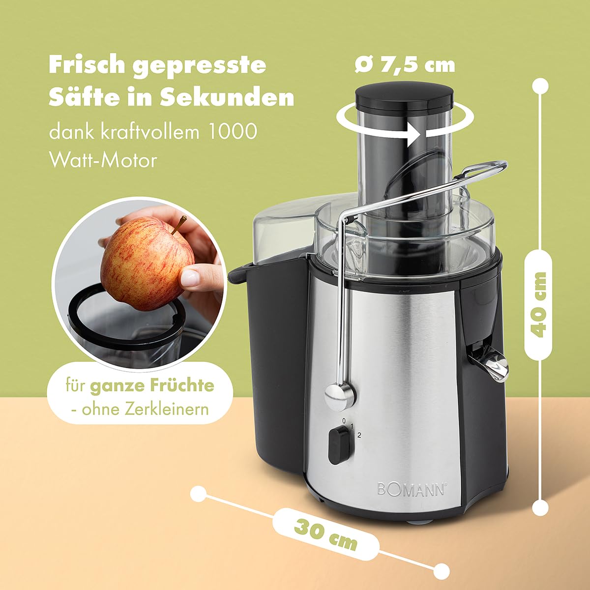 Bomann® Entsafter | ganze Früchte zerkleinern | großer Einfüllschacht | Slow Juicer | Tropfstopp für sauberes Arbeiten | einfache Reinigung | 1000W | Entsafter Gemüse und Obst | Juicer | AE 1917 CB