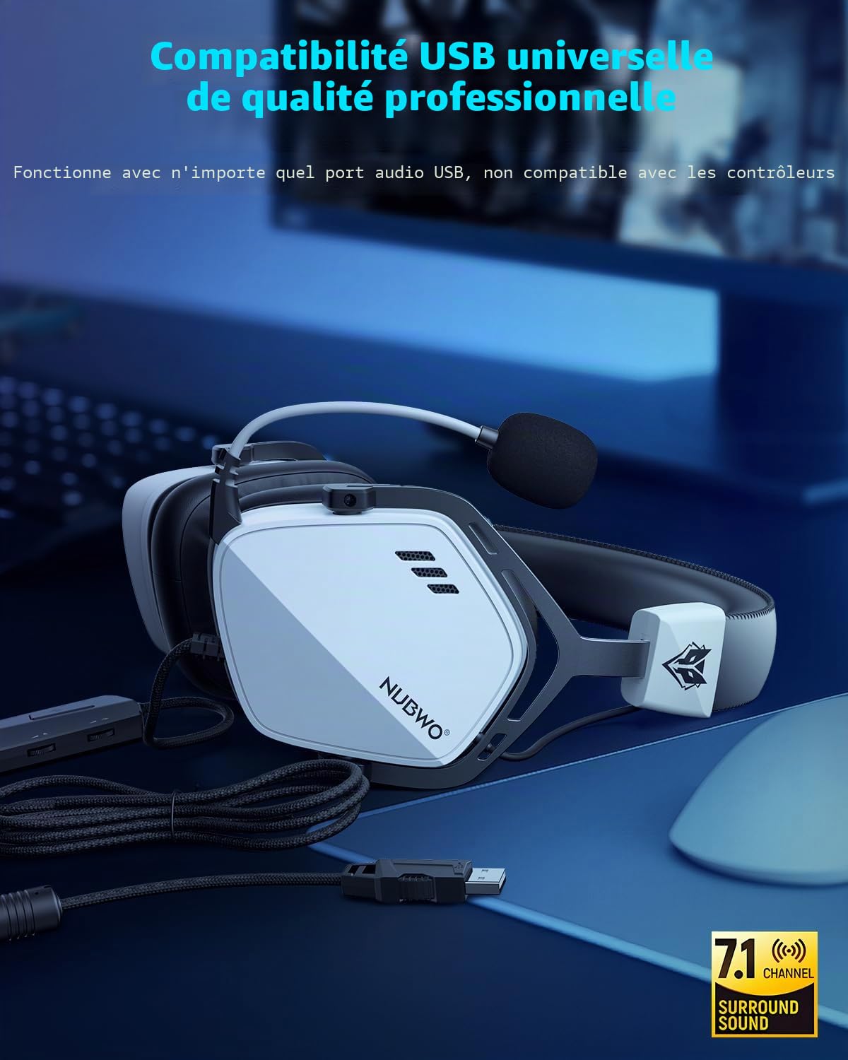 NUBWO HG03 Casque Gaming USB A avec Son Surround 7.1 et Mode FPS, Casque Filaire avec Micro Antibruit, Design Confortable pour PC et Ordinateur Portable - Blanc
