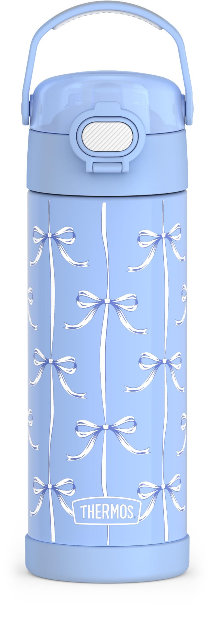 THERMOS FUNTAINER Water Bottle with Spout, 16oz, Blue Bows | Kids Stainless Steel Insulated Water Bottle, Keeps Drinks Cold Longer for School & Play, BPA-Free