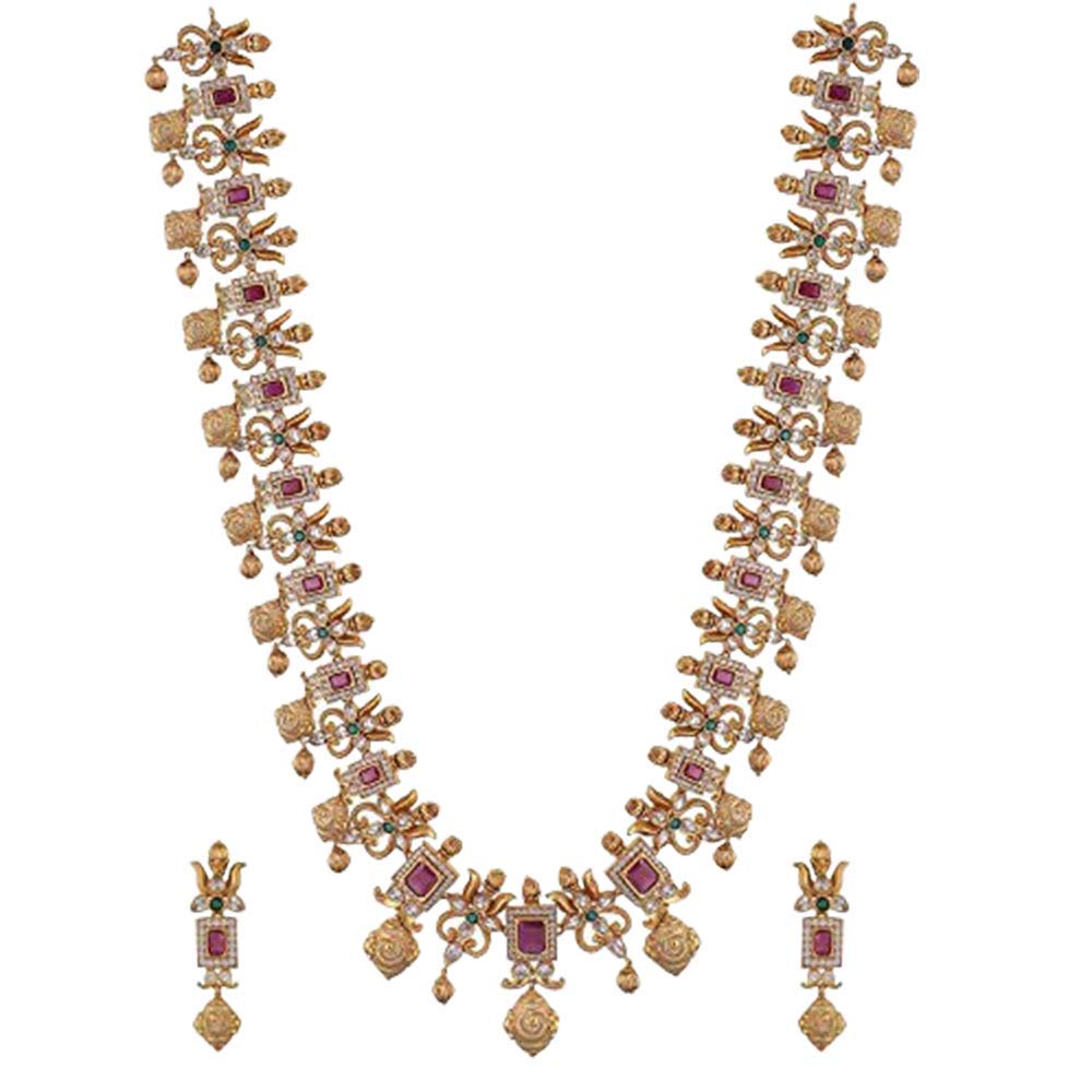 Tarinika Ahaana Gold-Plated Indian Jewelry Set with Long Necklace and Earrings - White Red Green