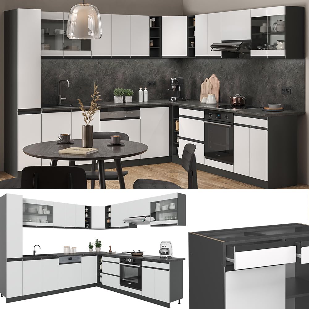 Vicco Eckküche R-Line, Weiß/Anthrazit, 277 x 257 cm J-Shape, AP Anthrazit, zur flexiblen Zusammenstellung und Erweiterung geeignet