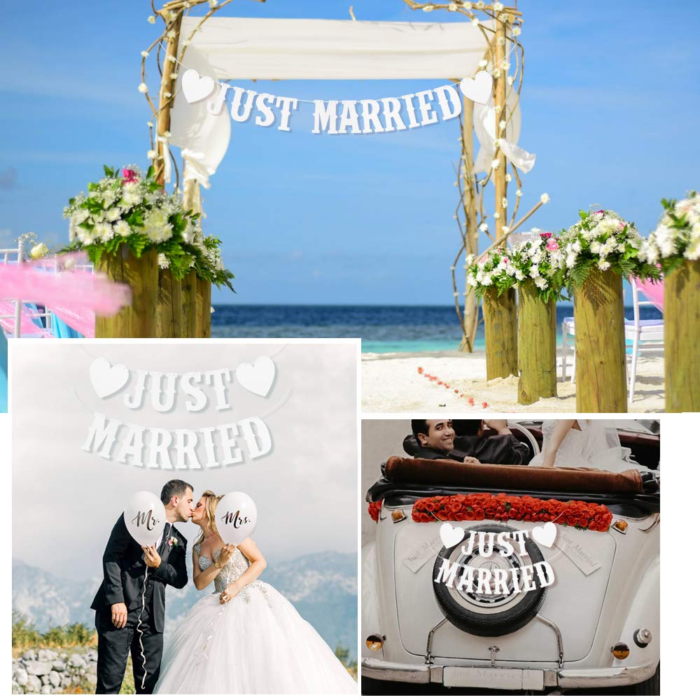 2 Striscioni Just Married Per Matrimonio Con Cuori - Ghirlande In Carta Per Auto, Ricevimento E Addio Al Nubilato - Decorazioni Feste Nozze