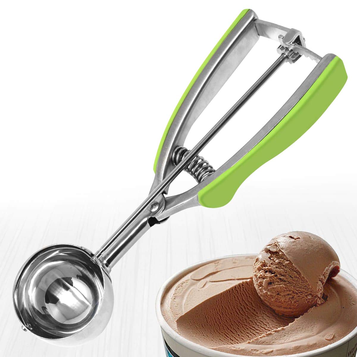 Millvado Eis- und Keksschaufel aus Edelstahl, mit grünen Gummigriffen, federbelasteter Hebel, für Sorbet, Melone, Fleischbällchen, Muffins und mehr, inkl. 28 g, 60 g, 85 ml Schaufel