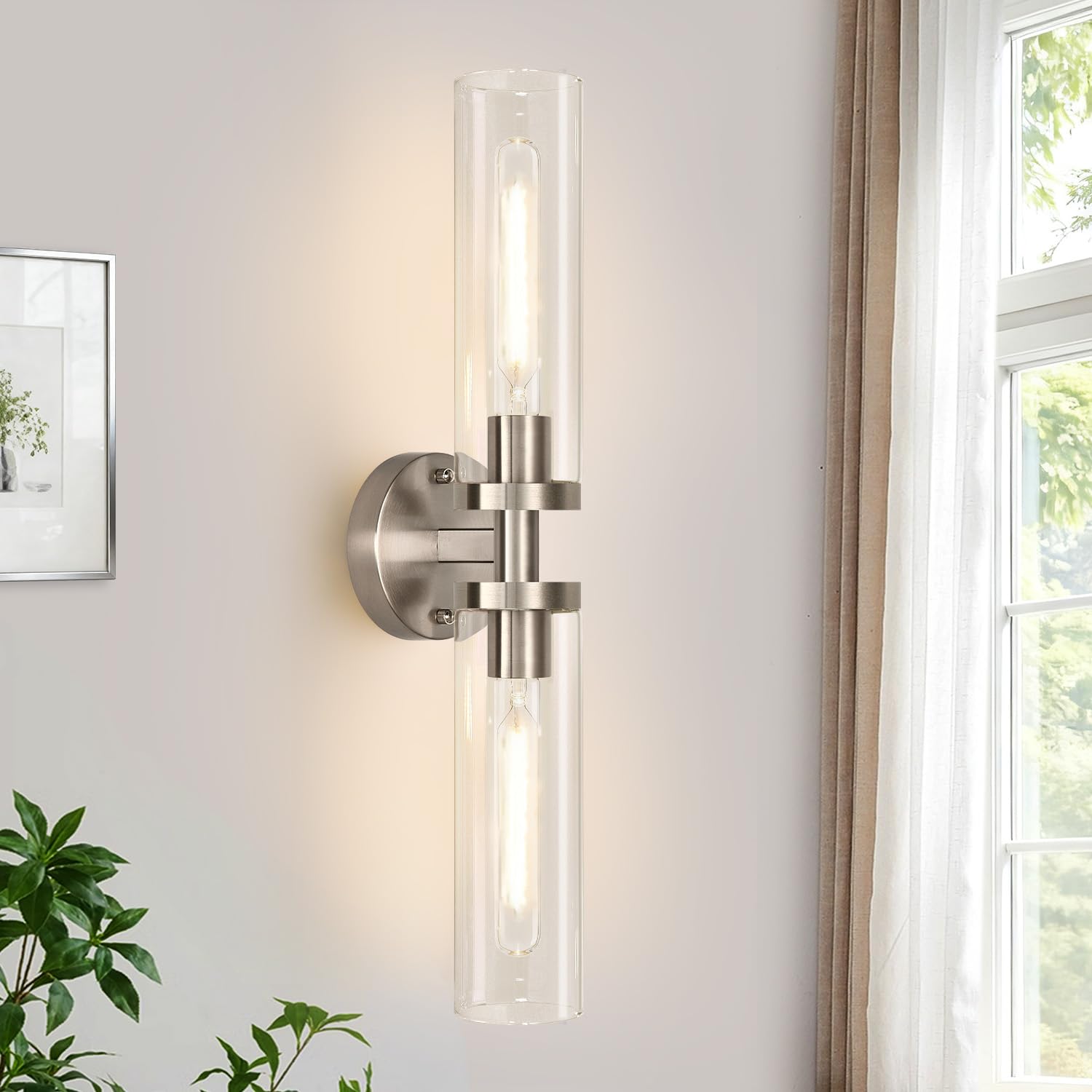Photo 1 of Indoi Brushed Nickel Wall Sconces, Hardwired Bathroom Sconces Vanity Light with Clear Glass, Modern Bathroom Vanity Lights fixtures for Mirror Bedroom Living Room Hallway Kitchen