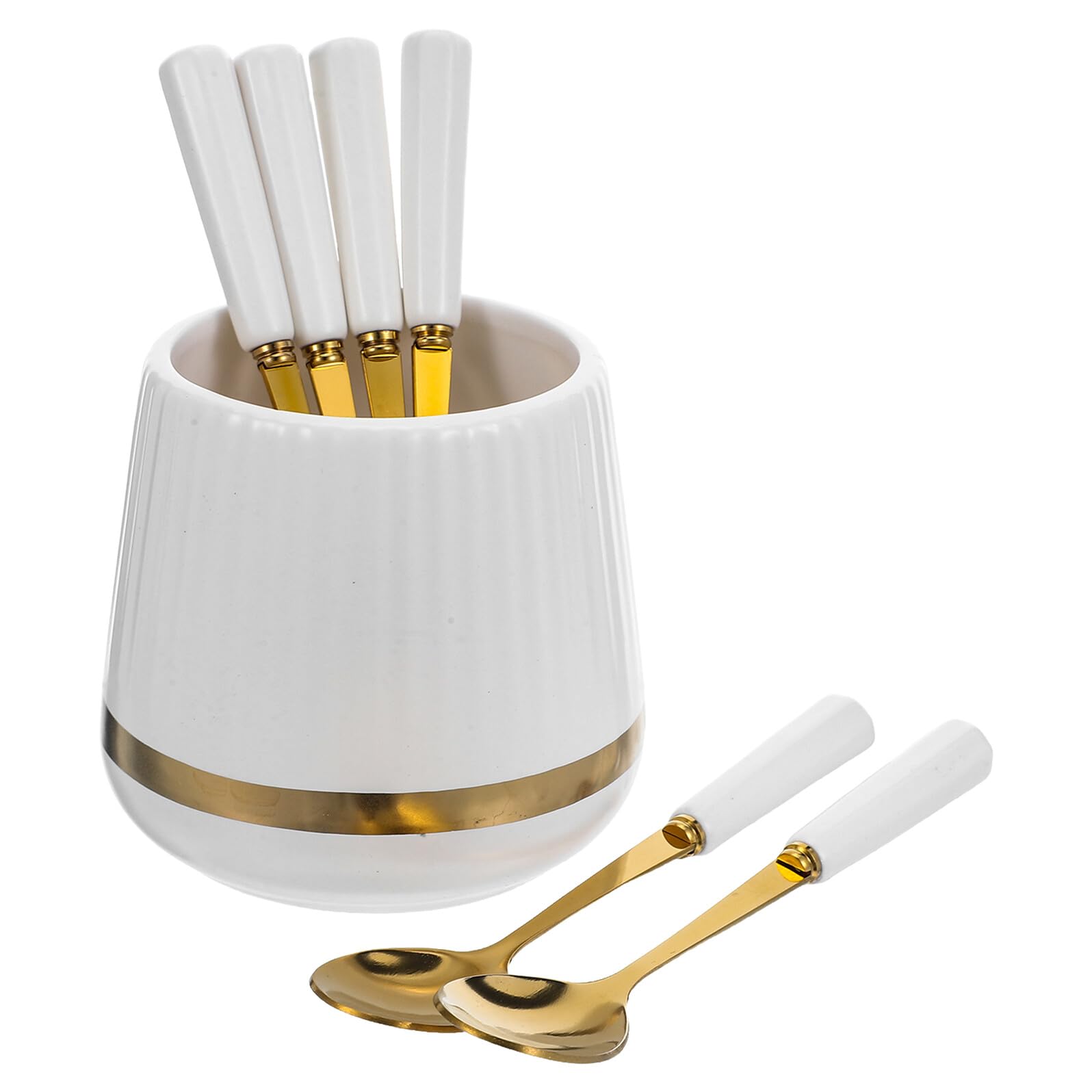 IMIKEYA Pot en Céramique Blanc 6 Cuillères à Dessert et Fruits en Finition Platine – Ensemble Organiseur de Couverts pour Apéritifs la Cuisine et Réunions Familiales Cuillères à Café