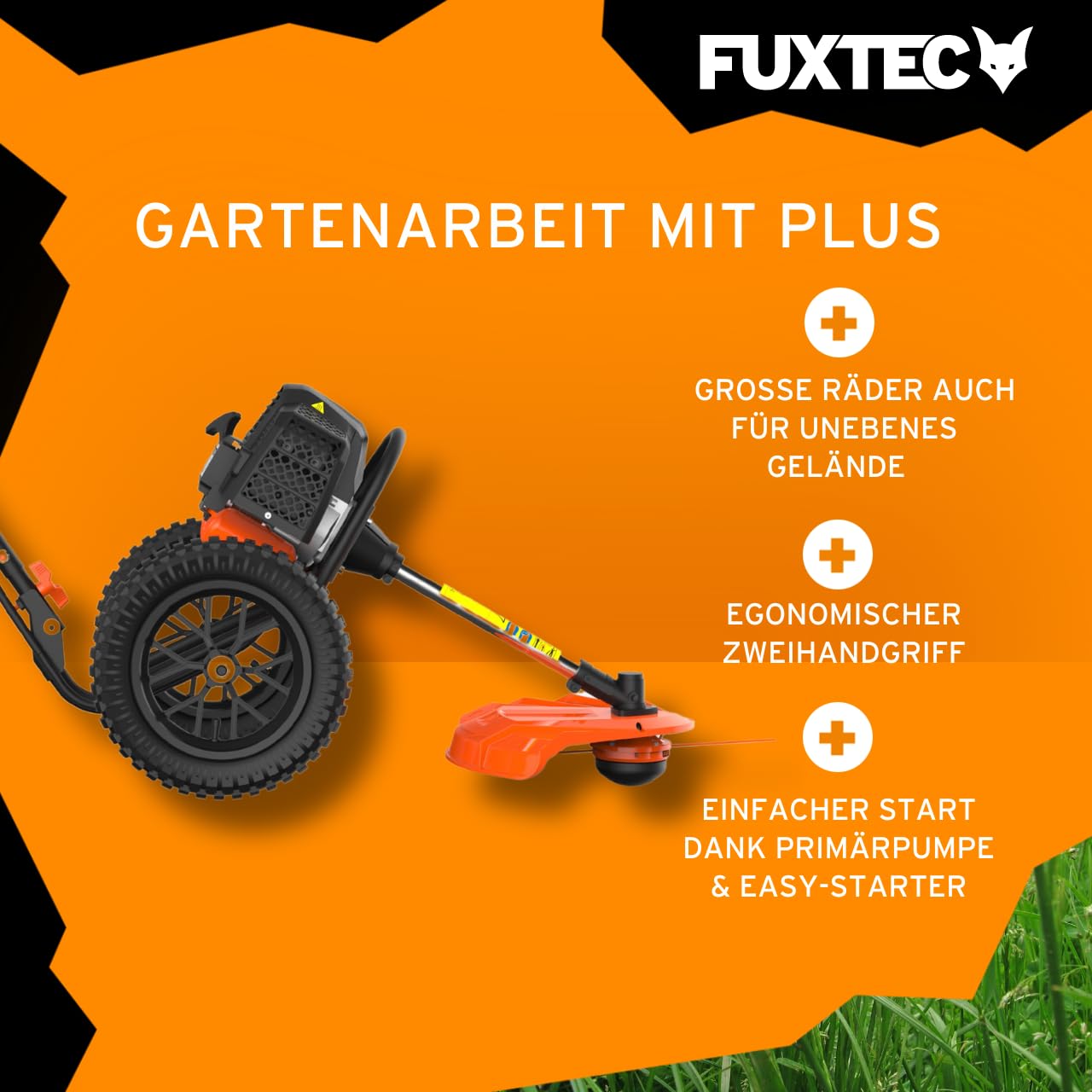 FUXTEC Benzin Motorsense auf Rädern FX-FSR152 mit 52 cc, großen Lufträdern und 3 PS Leistung Trimmer Rasentrimmer Freischneider fs Faden 2-Takt