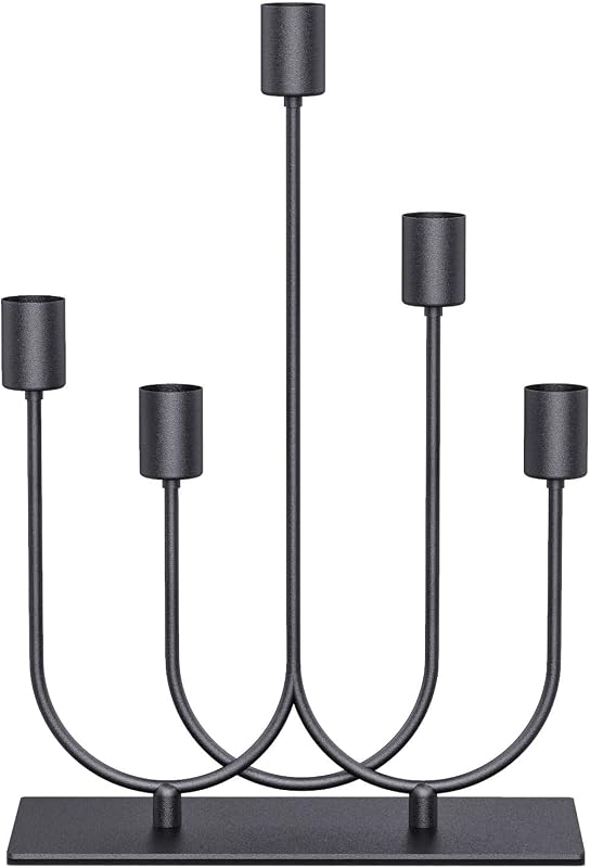 smtyle Candelabro de chimenea de metal negro para velas cónicas con 5 hierros de 0,8 pulgadas de diámetro, ideal para centro de mesa, decoración gótica