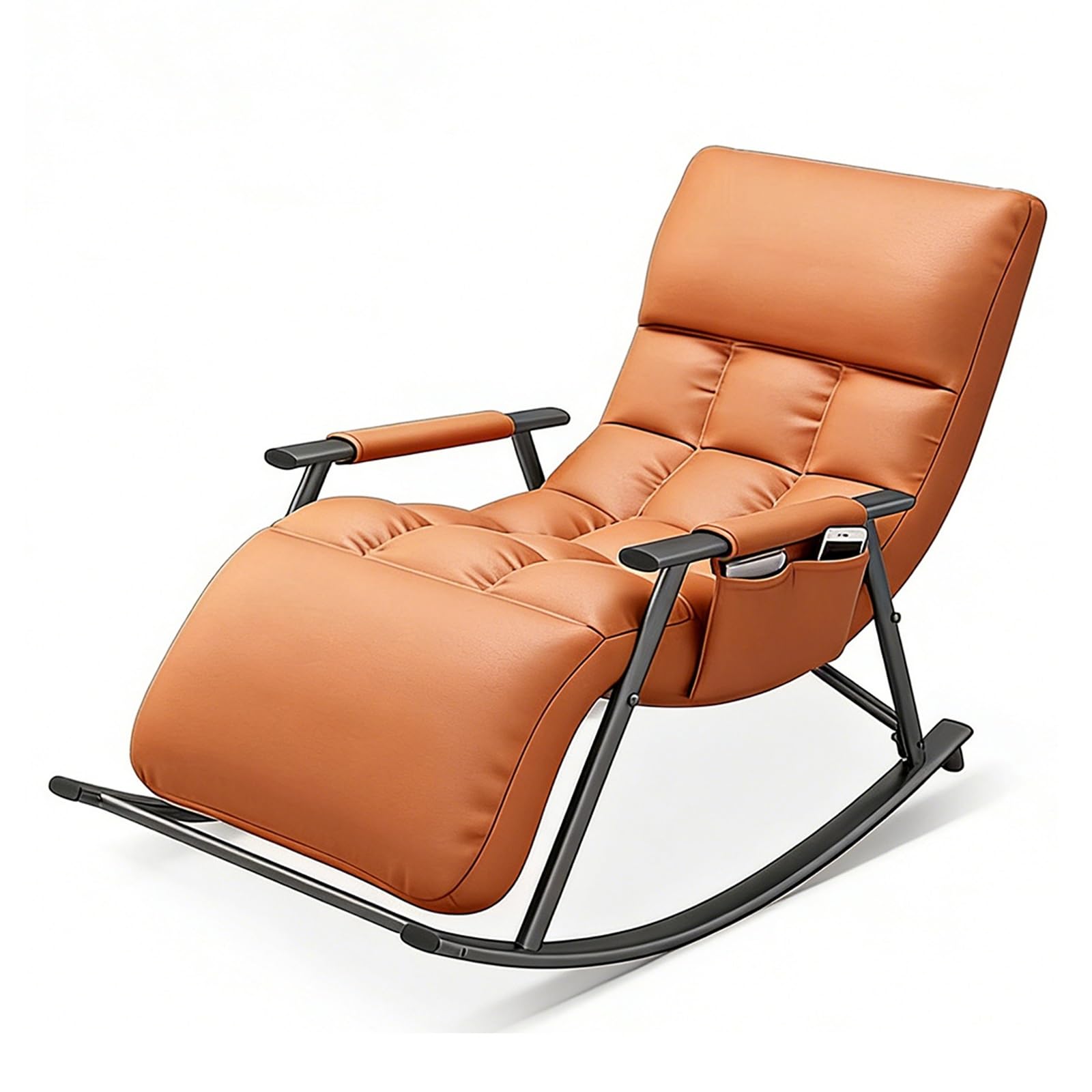 GTHTUHFD Rocking Chair With Adjustable High Backrest And Footrest, Comfortable Upholstered Rocker With Side Pockets, Leisure Recliner For Living Room, Bedroom, Balcony,Orange-Black frame