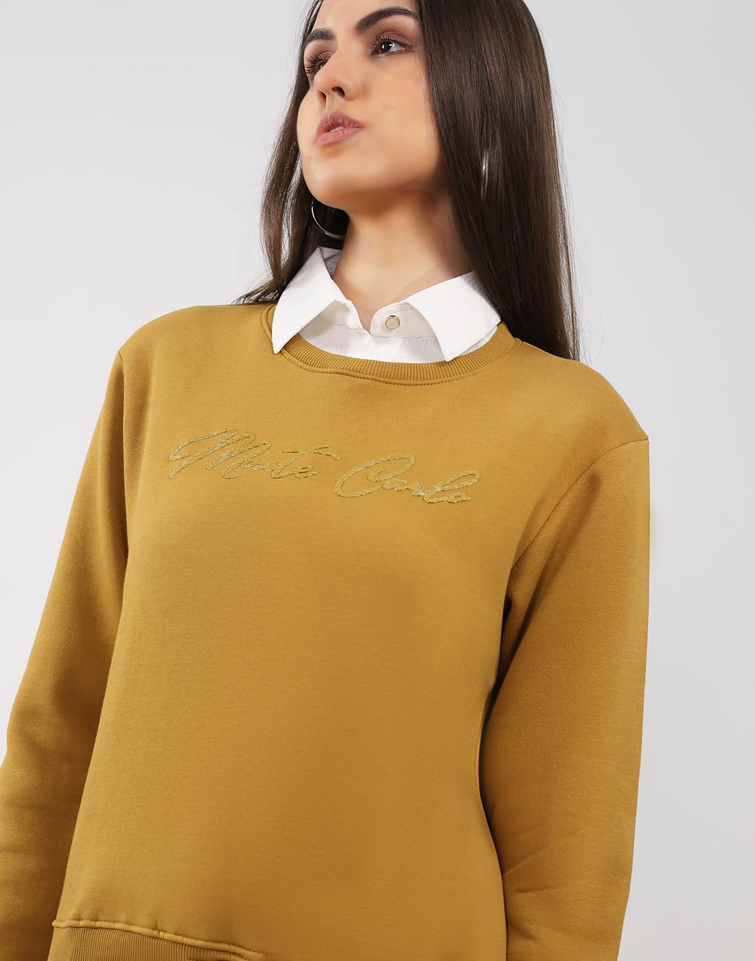 Monte Carlo Women’s Regular Fit Printed Round Neck Full Sleeve Winter Sweatshirt | Soft Warm Knit | Stylish Casual wear | Comfortable Winter Wear Top for Women Mustard M (Pack of 1) 4