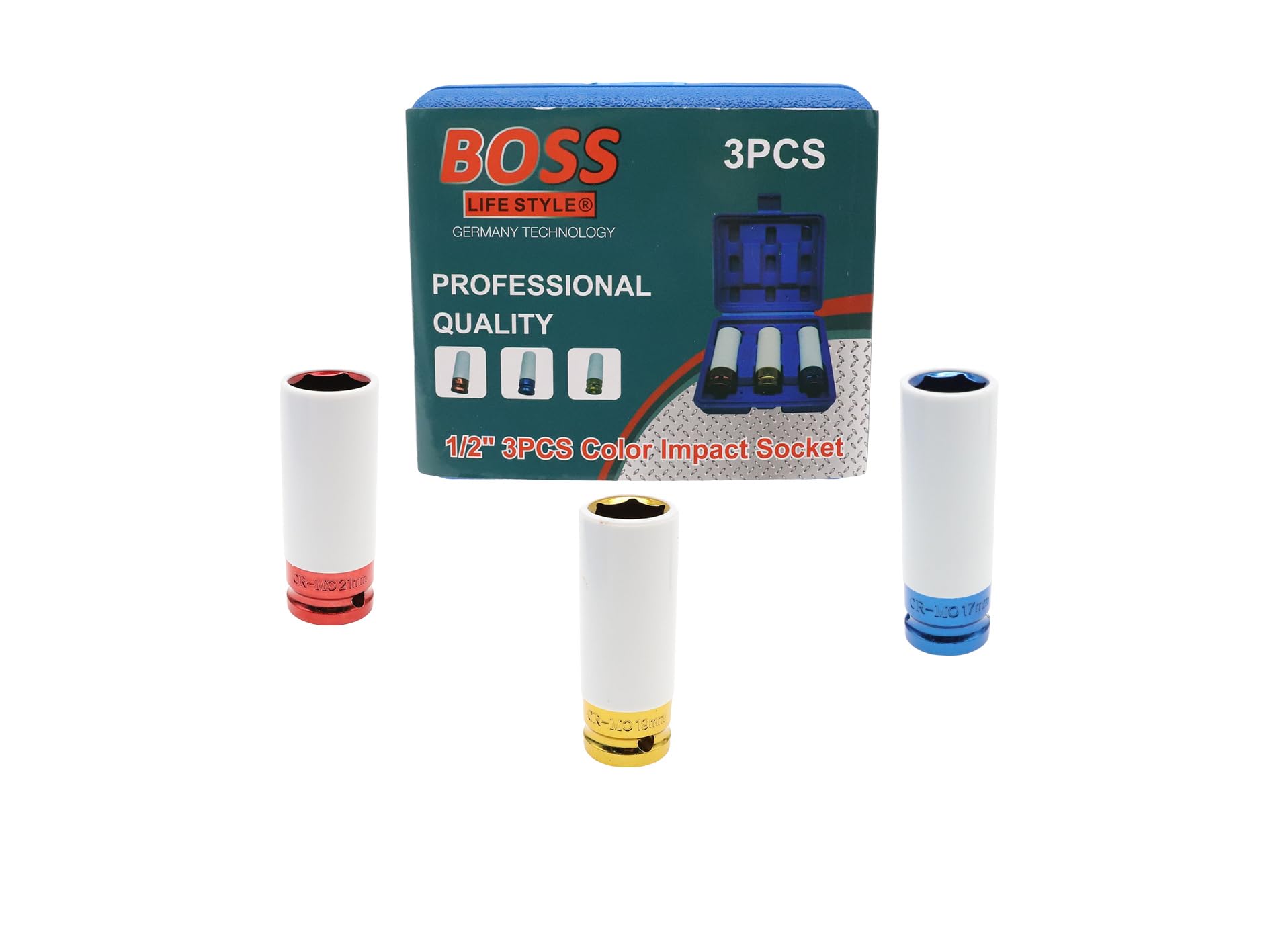 BOSS LIFE STYLE 3pcs 1/2" Drive Thin Wall Wheel Deep Impact Nut Socket Set 17mm 19mm 21 mm Car Garage Tool with Case