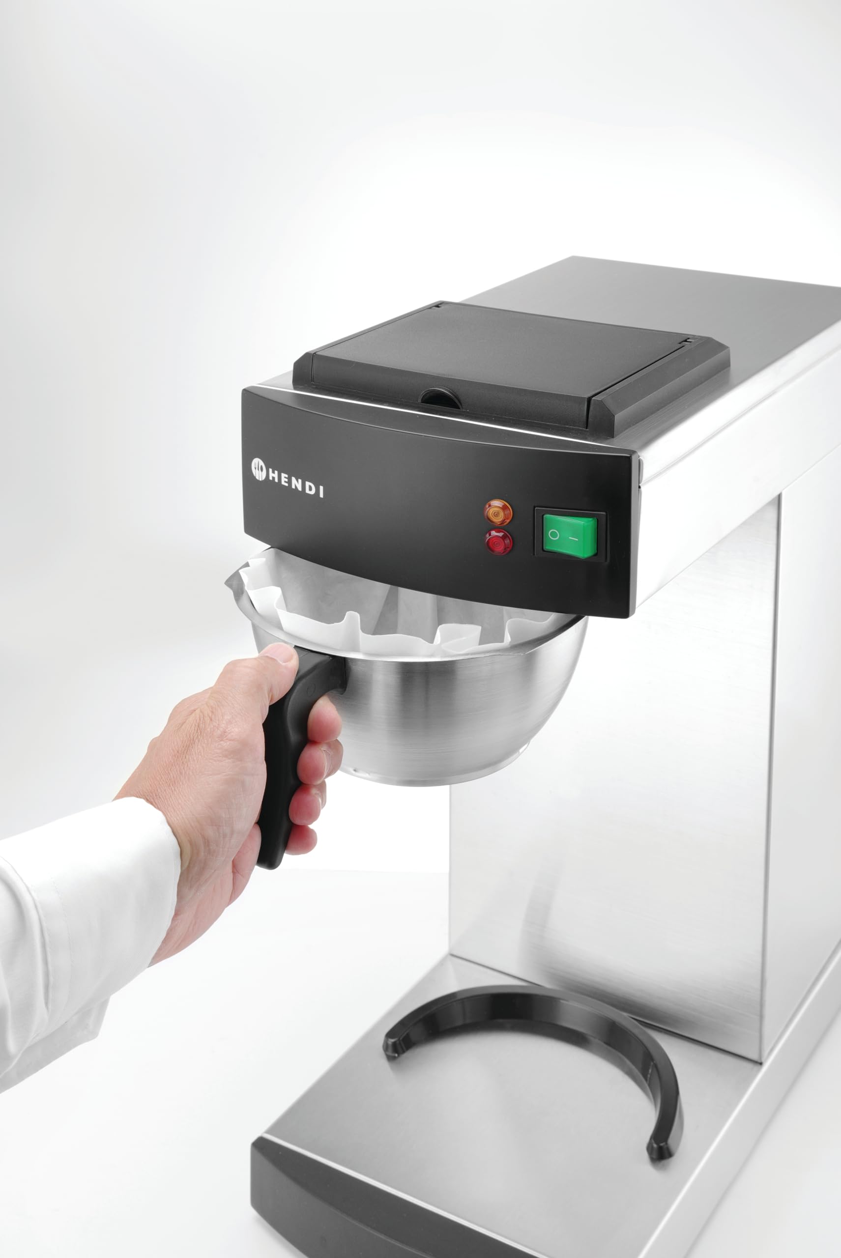 HENDI Cafetera de goteo, eléctrica, para café molido de filtro, incluye 100 filtros de papel y 1 jarra térmica de 2L, cafetera de filtro, 230V, 1400W, 215x410x(H)520mm, acero inoxidable
